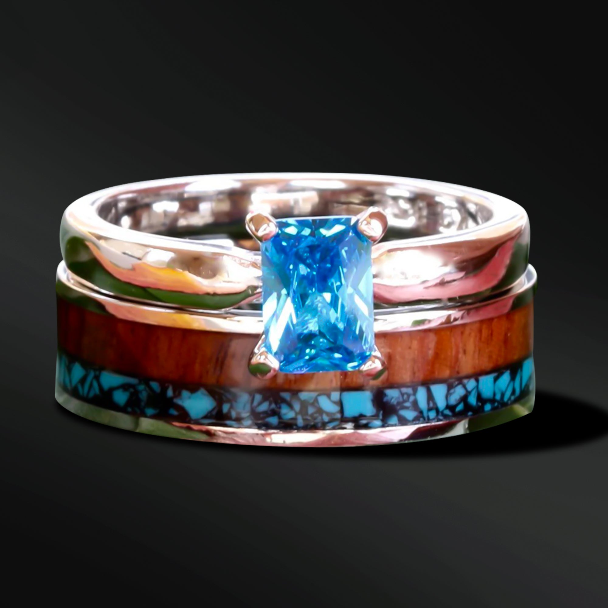 2 piece Wedding Ring Set Turquoise Ring Koa Wood Ring Stainless Steel and Sterling Silver Cubic Zirconia Engagement Ring