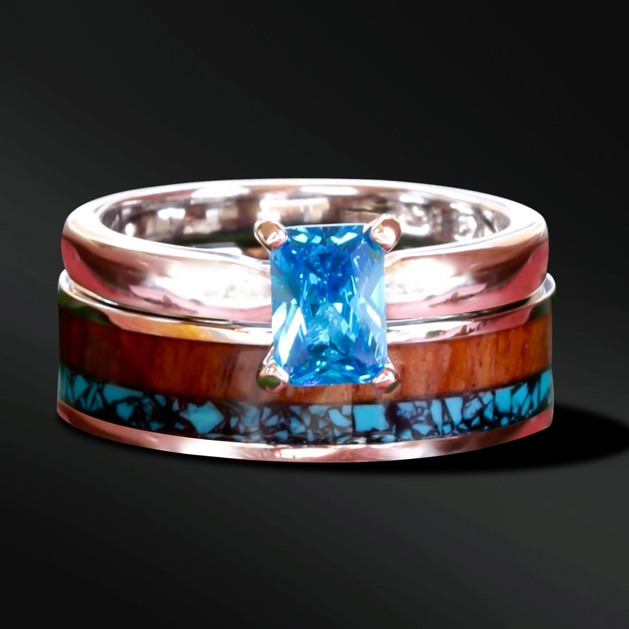 2 piece Wedding Ring Set Turquoise Ring Koa Wood Ring Stainless Steel and Sterling Silver Cubic Zirconia Engagement Ring