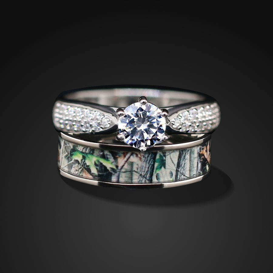 2 piece Camo Wedding Ring Set - Titanium and Sterling Silver