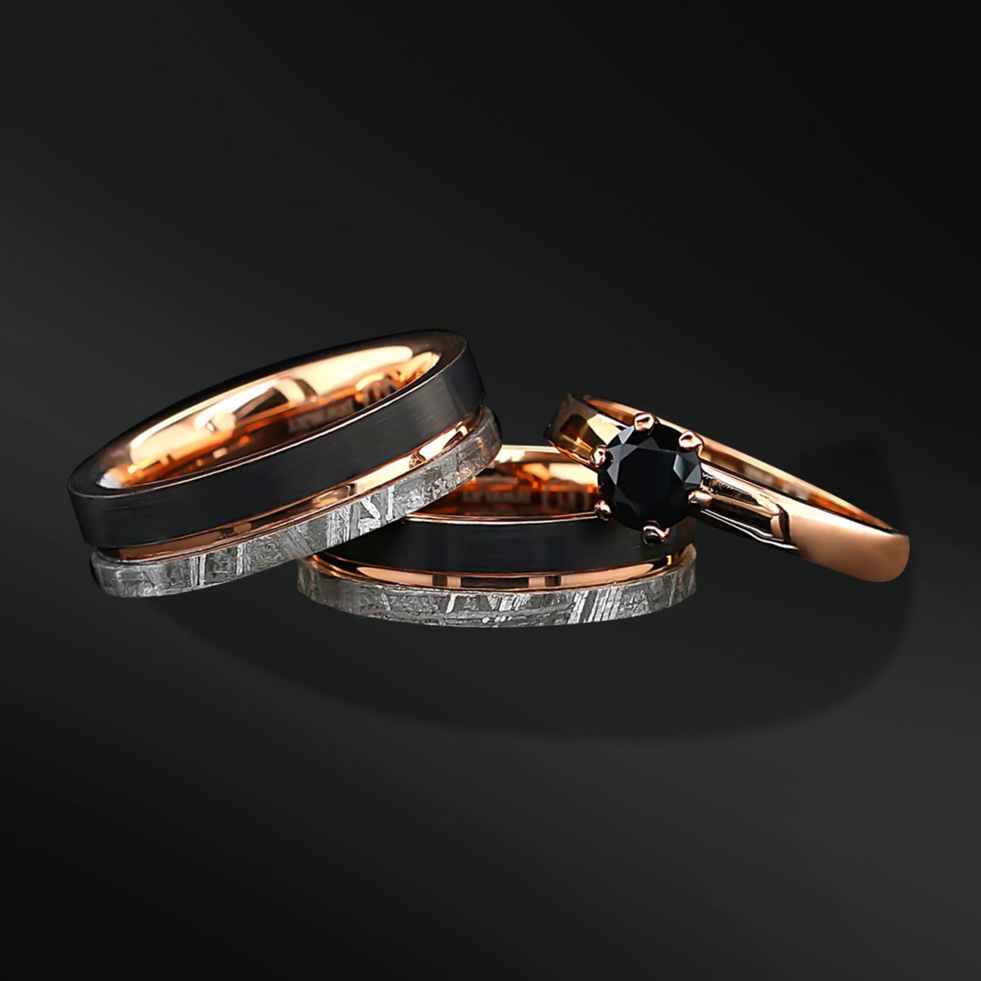 3PCs Couple Ring Set | Gold Plated Stainless Steel Engagement Ring | Natural Meteorite Wedding Bands for Him and Her | Tungsten Black & Gold Wedding Band