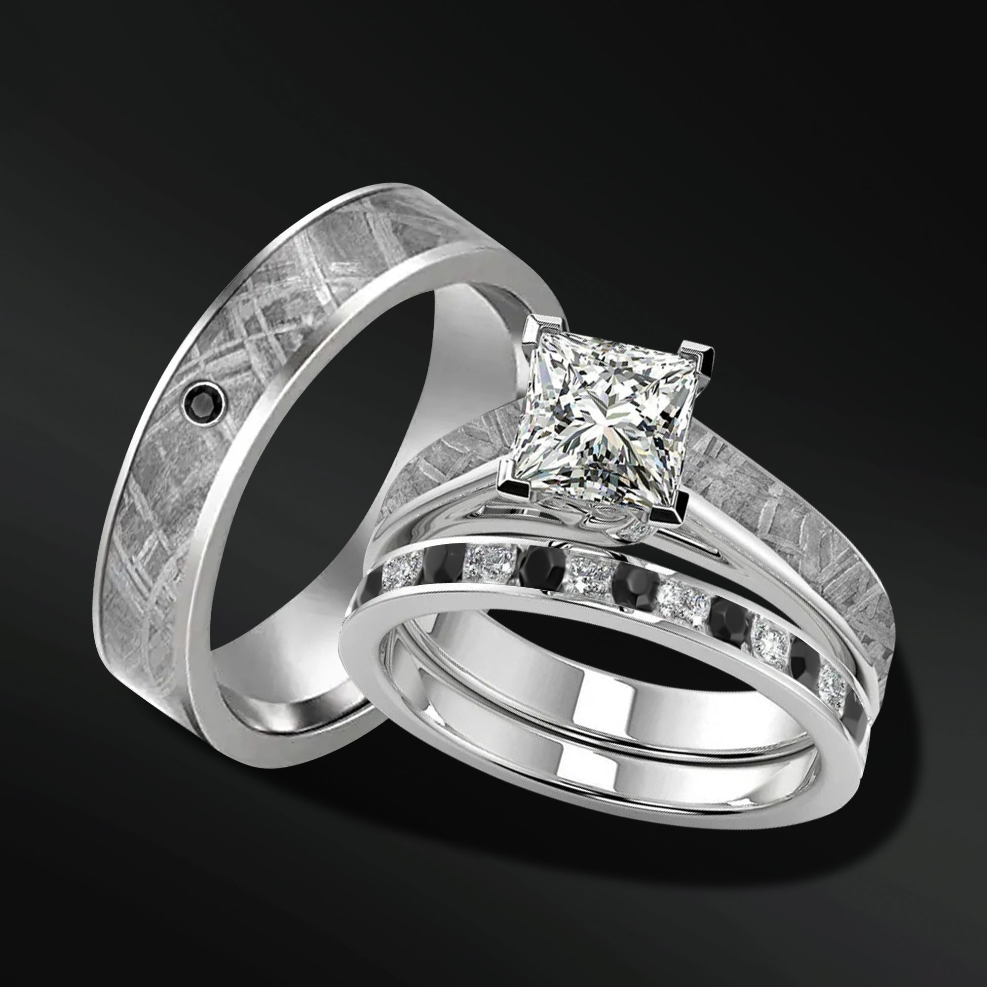 Lover's Embrace Set - 3PCS His & Her Wedding Engagement Ring Set | Lab Grown Diamond | Muonionalusta Meteorite Wedding Band