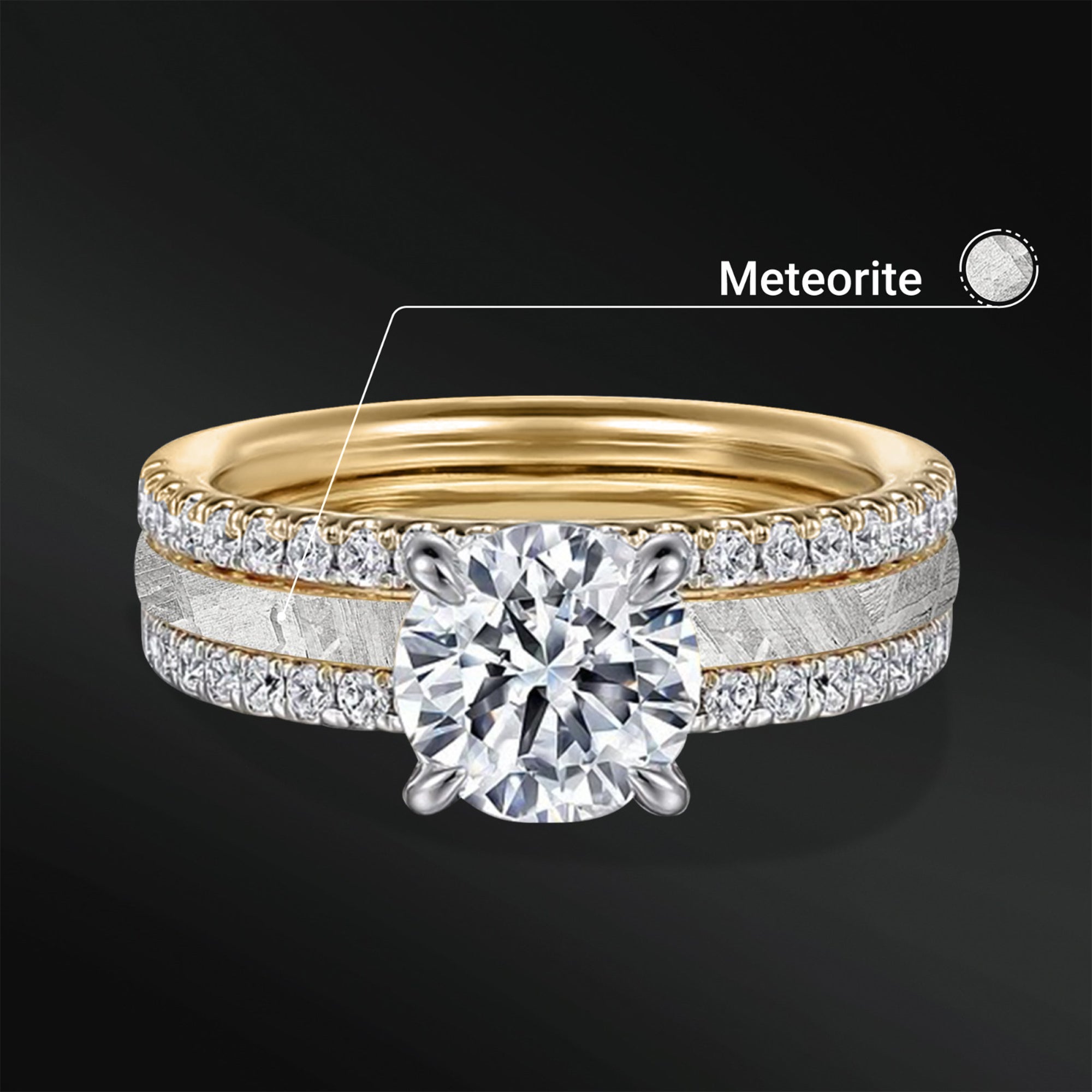 Cosmic Vows - Women's Ring Set | Muonionalusta Meteorite Engagement Ring | 1.3 ct Certified Moissanite