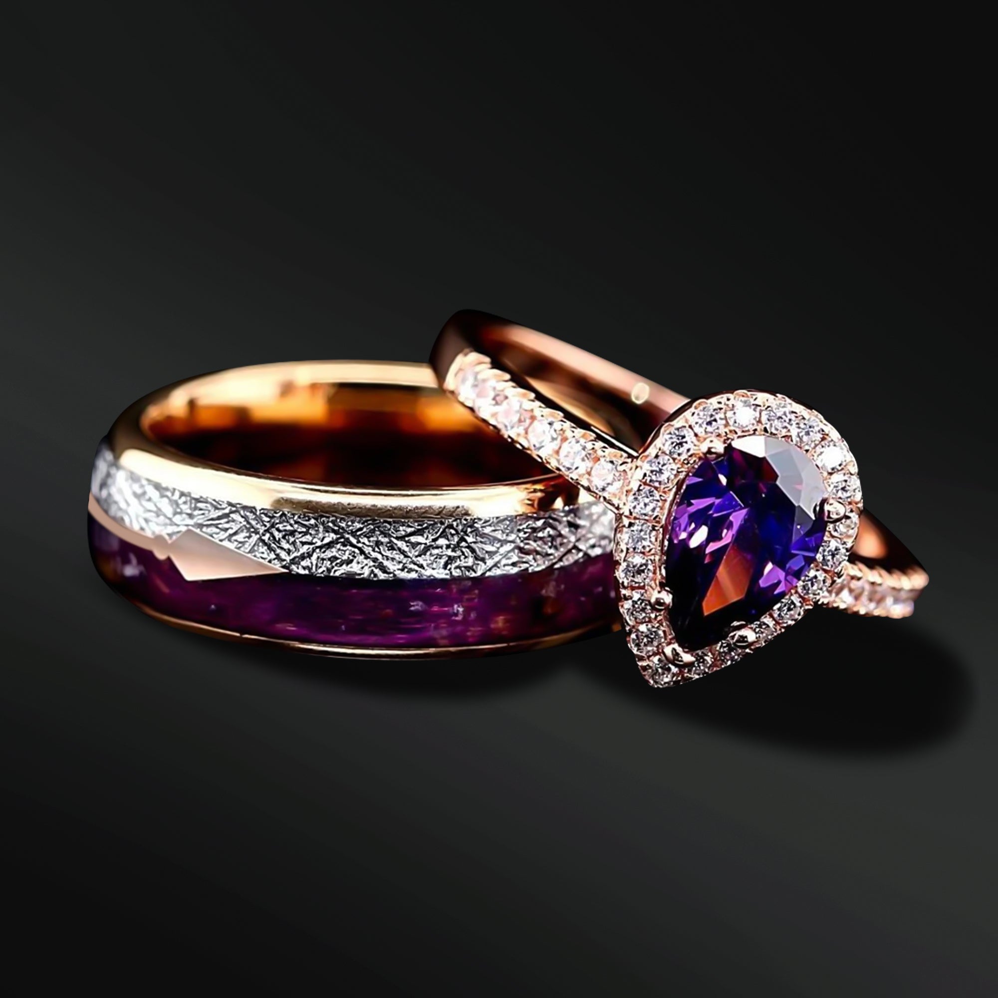 Agate Arrow - 3 PCs Couples Ring Set | Sterling Silver Engagement Ring | Wedding Band Man and Woman