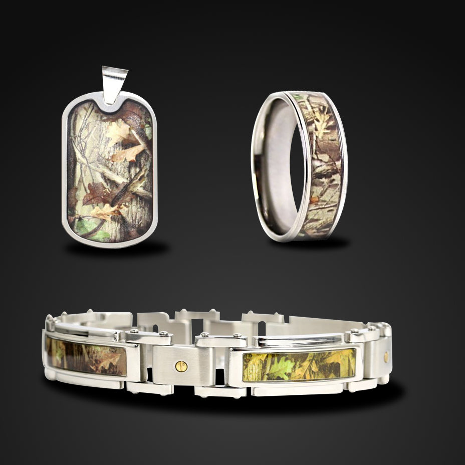 3 pc Hunting Camo Jewelry Set Hunter Bracelet Ring Dog Tag