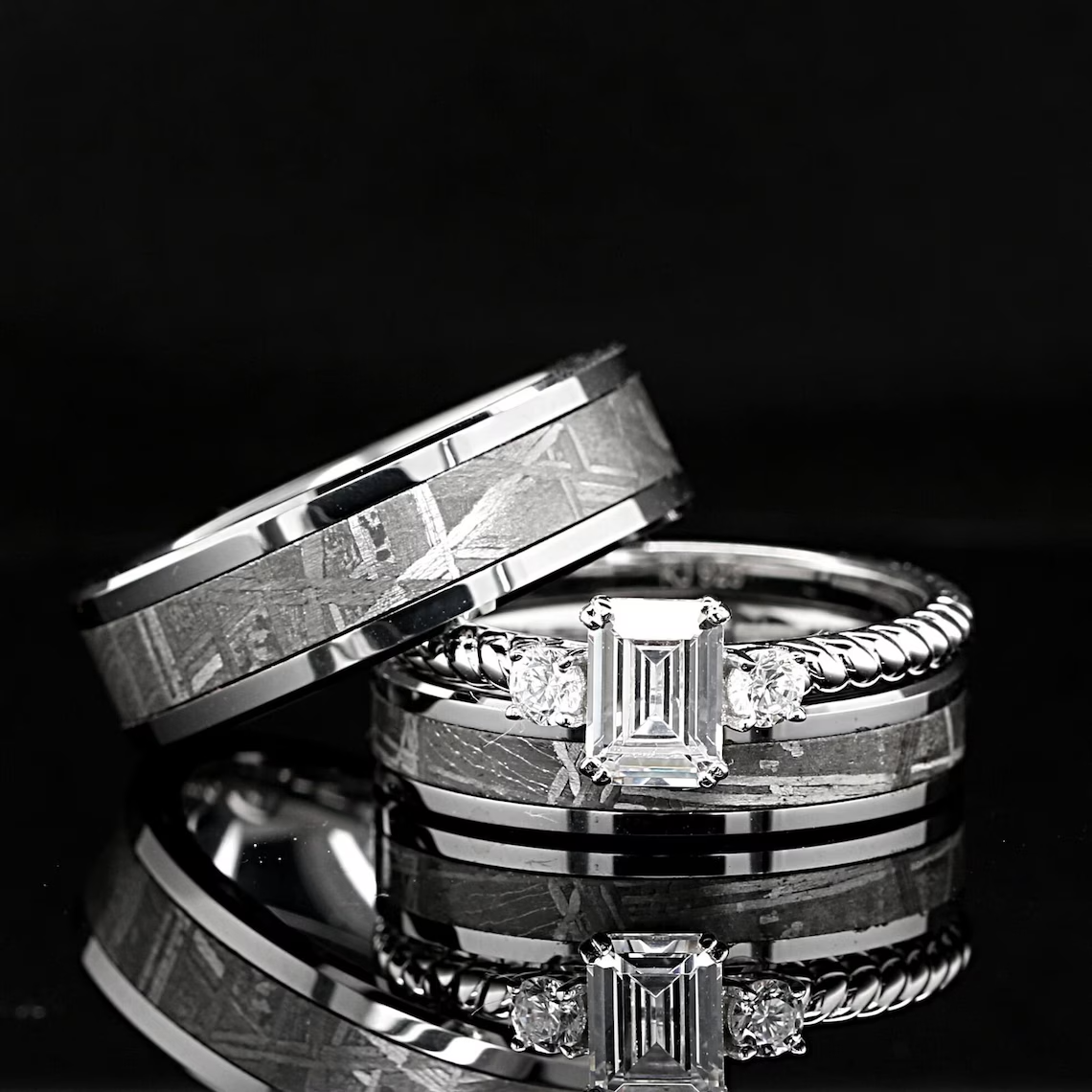 His Hers 3 pcs Real Meteorite, Sterling Silver & Tungsten Wedding Rings FREE ENGRAVING