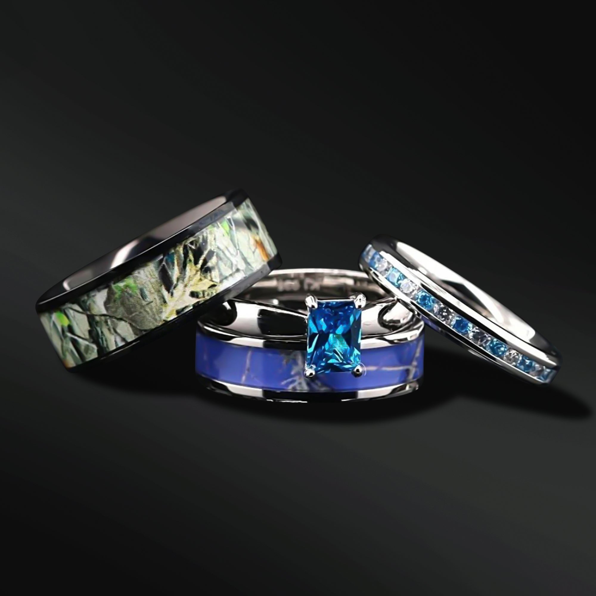 4pc Blue Camo Wedding Ring Set Sapphire Cubic Zirconia Engagement Ring Set