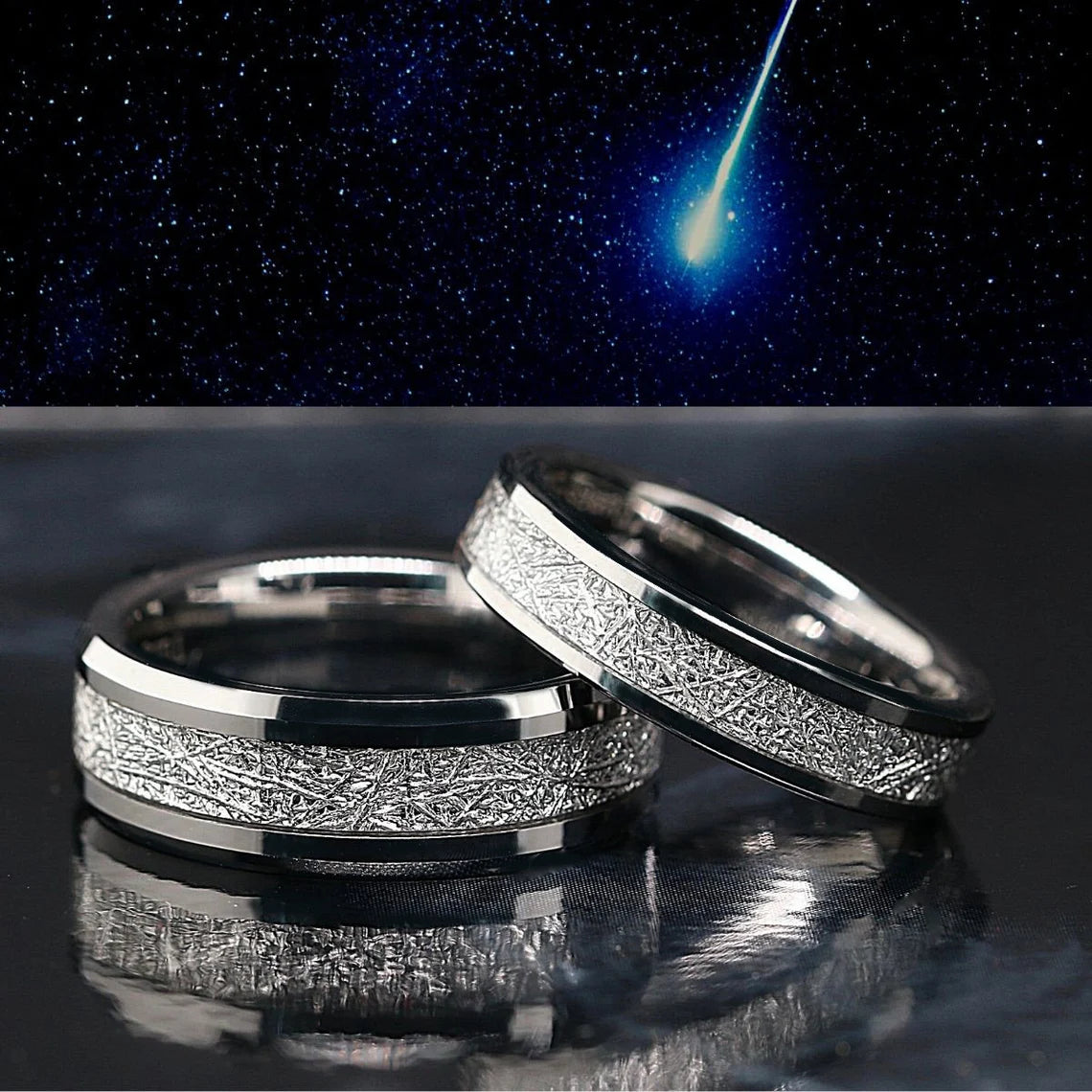 Celestial Eternity Set | 3PCs Couple Ring Set | Stainless Steel Engagement Ring with Moissanite for Her | Natural Meteorite Wedding Bands for Him and Her