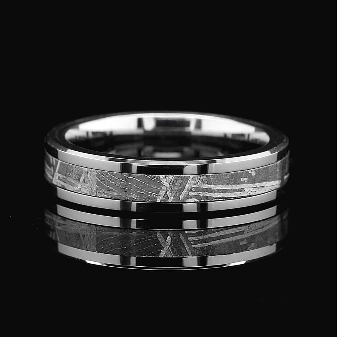 His Hers 3 pcs Real Meteorite, Sterling Silver & Tungsten Wedding Rings FREE ENGRAVING