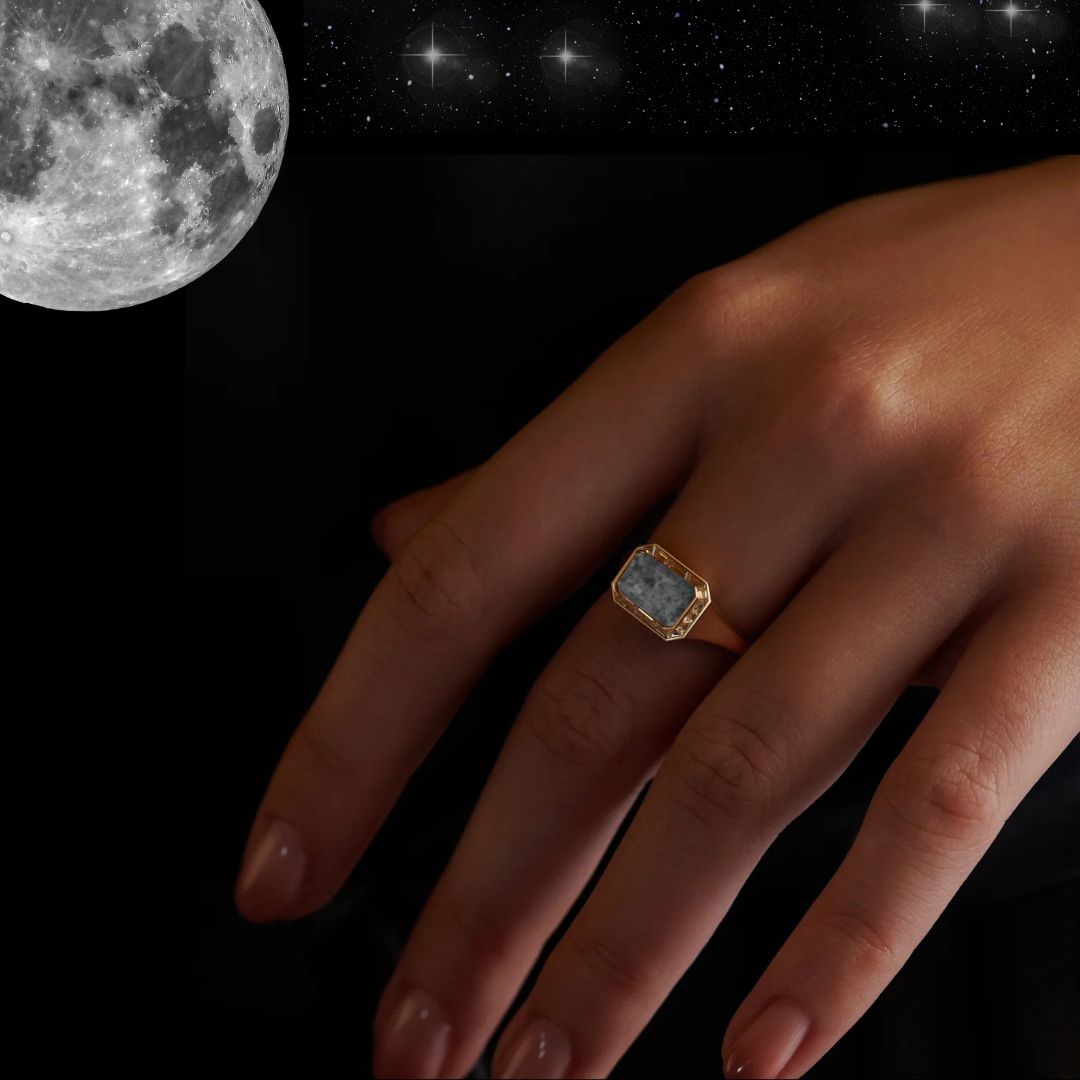 Lora - Lunar Meteorite Engagement Ring for Her | 14K Gold or Sterling Silver | Certified Moissanite Oval-Cut Ring for Women | Cosmic-Inspired Jewelry