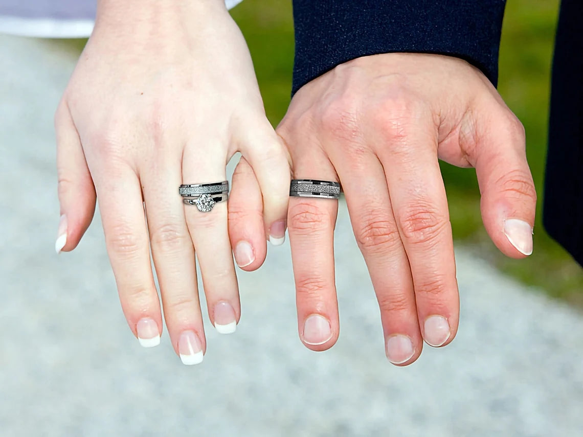 Celestial Eternity Set | 3PCs Couple Ring Set | Stainless Steel Engagement Ring with Moissanite for Her | Meteorite Wedding Bands for Him and Her