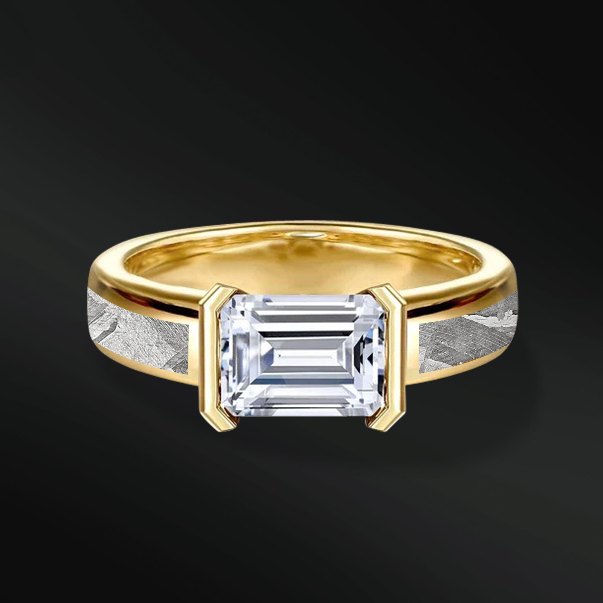 AURORA RING SET | 14K GOLD & METEORITE ENGAGEMENT RING FOR HER | EMERALD CUT MOISSANITE | TUNGSTEN WEDDING BAND FOR HIM