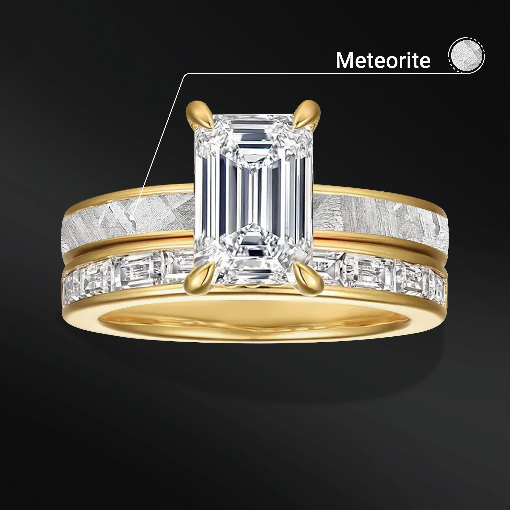 Galactic Eternity - 14K Gold & Moissanite Engagement Ring Set with Meteorite Inlay | 1.75 ct Emerald Cut D-Color VVS1 Clarity