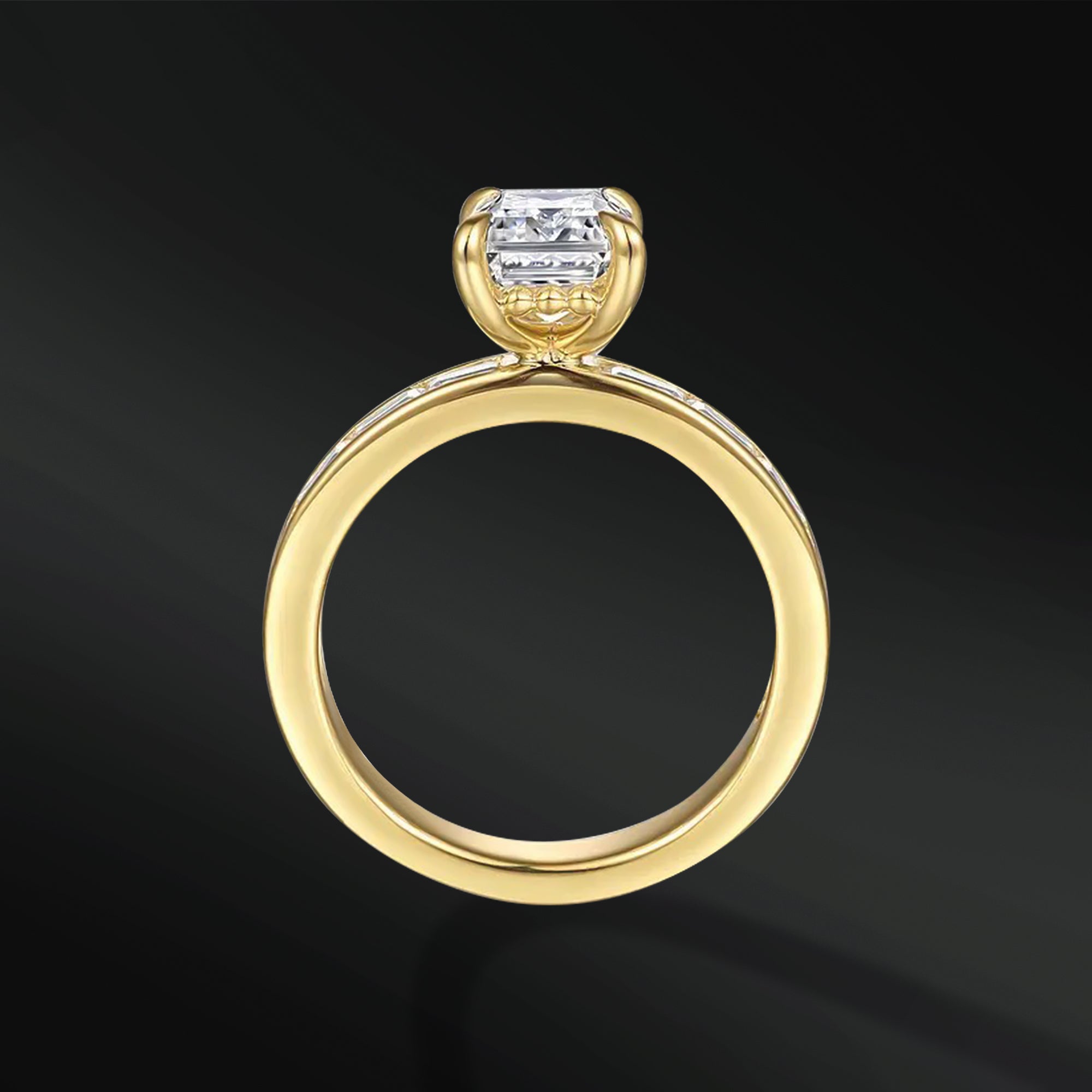 Galactic Eternity - 14K Gold & Moissanite Engagement Ring Set with Meteorite Inlay | 1.75 ct Emerald Cut D-Color VVS1 Clarity