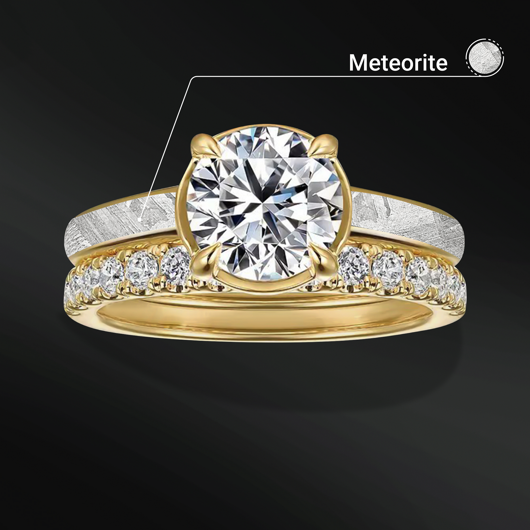 Sun - Ring Set for Women | Muonionalusta Meteorite Engagement Ring | 1.3 ct Certified Moissanite