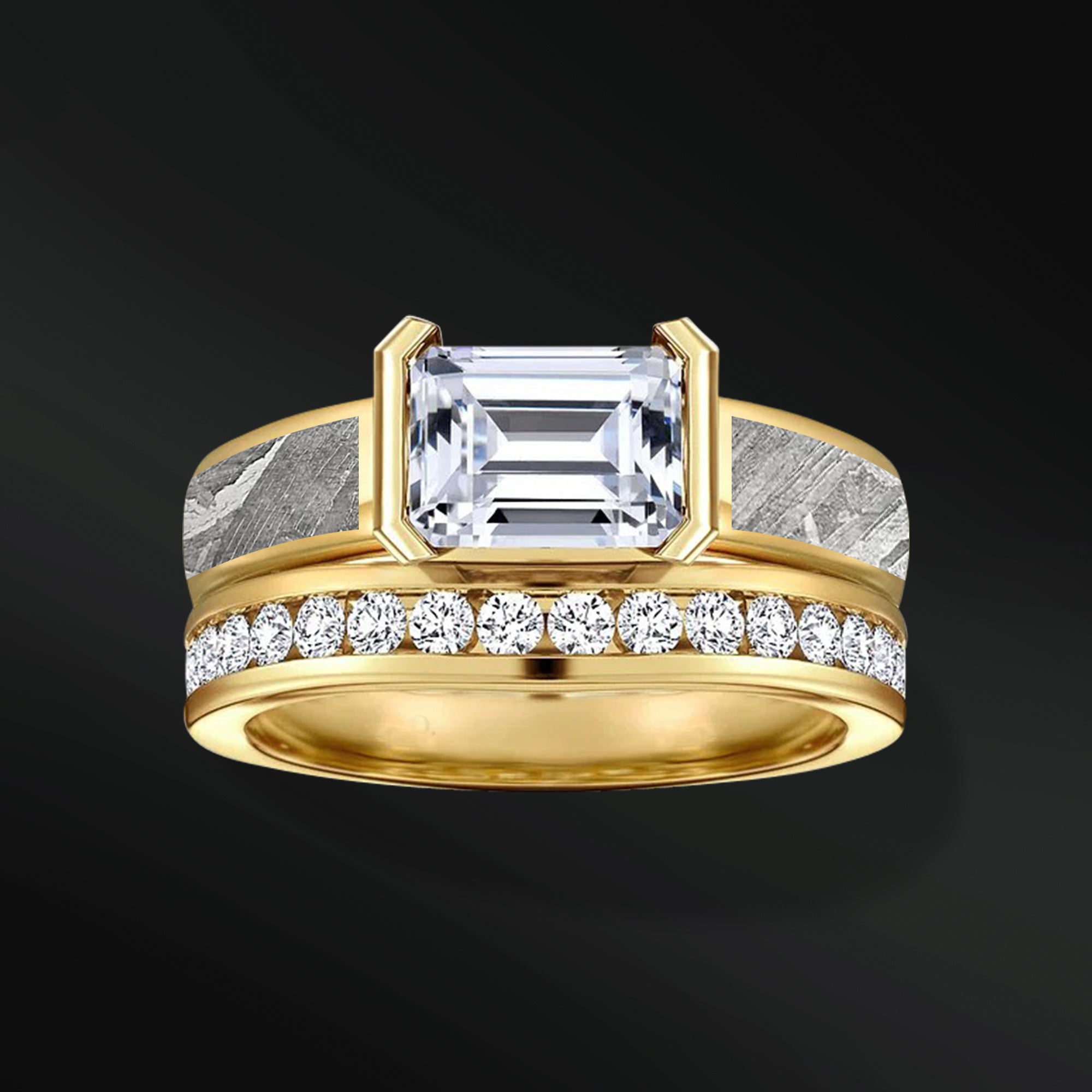 AURORA RING SET | 14K GOLD & METEORITE ENGAGEMENT RING FOR HER | EMERALD CUT DIAMOND | TUNGSTEN WEDDING BAND FOR HIM