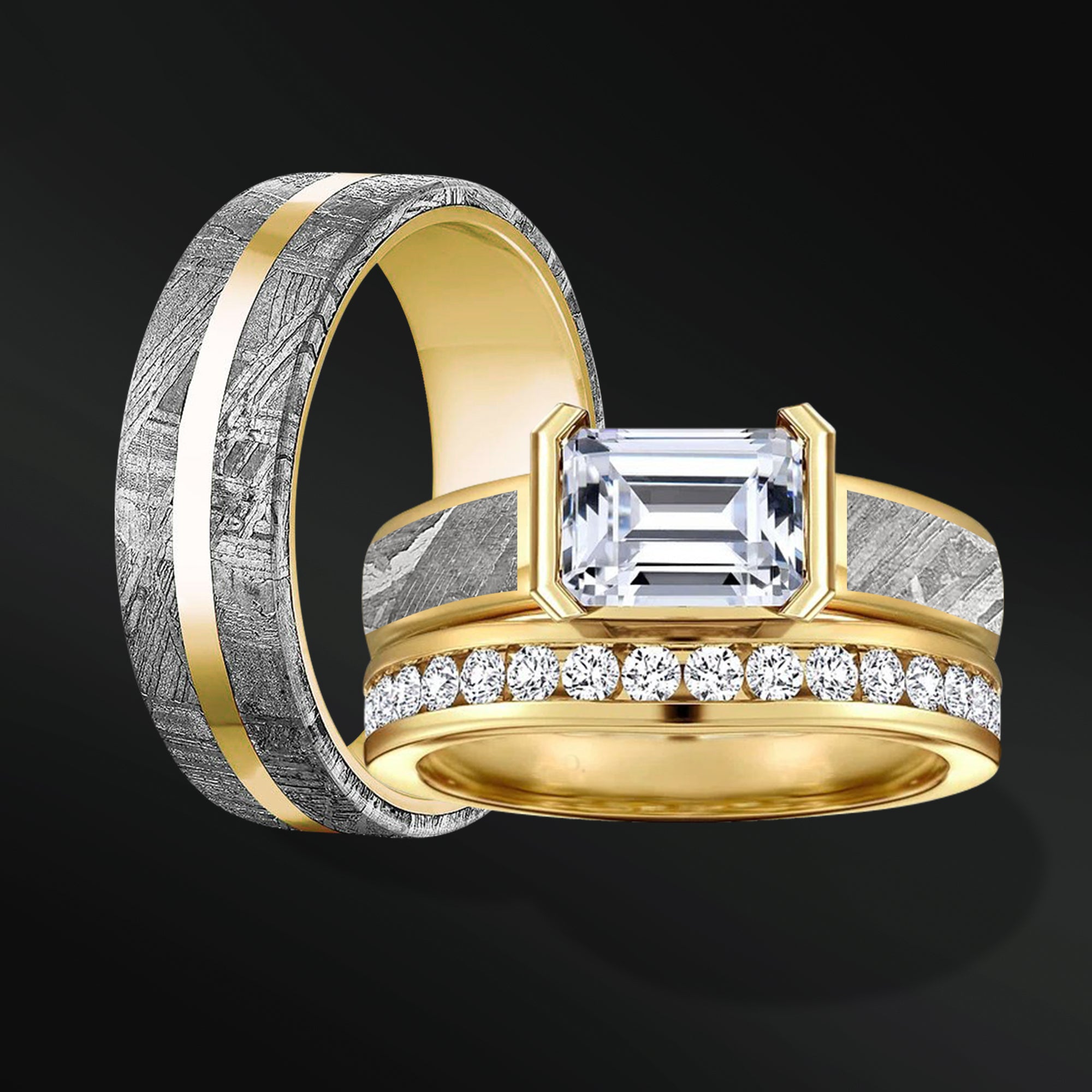 AURORA RING SET | 14K GOLD & METEORITE ENGAGEMENT RING FOR HER | EMERALD CUT MOISSANITE | TUNGSTEN WEDDING BAND FOR HIM