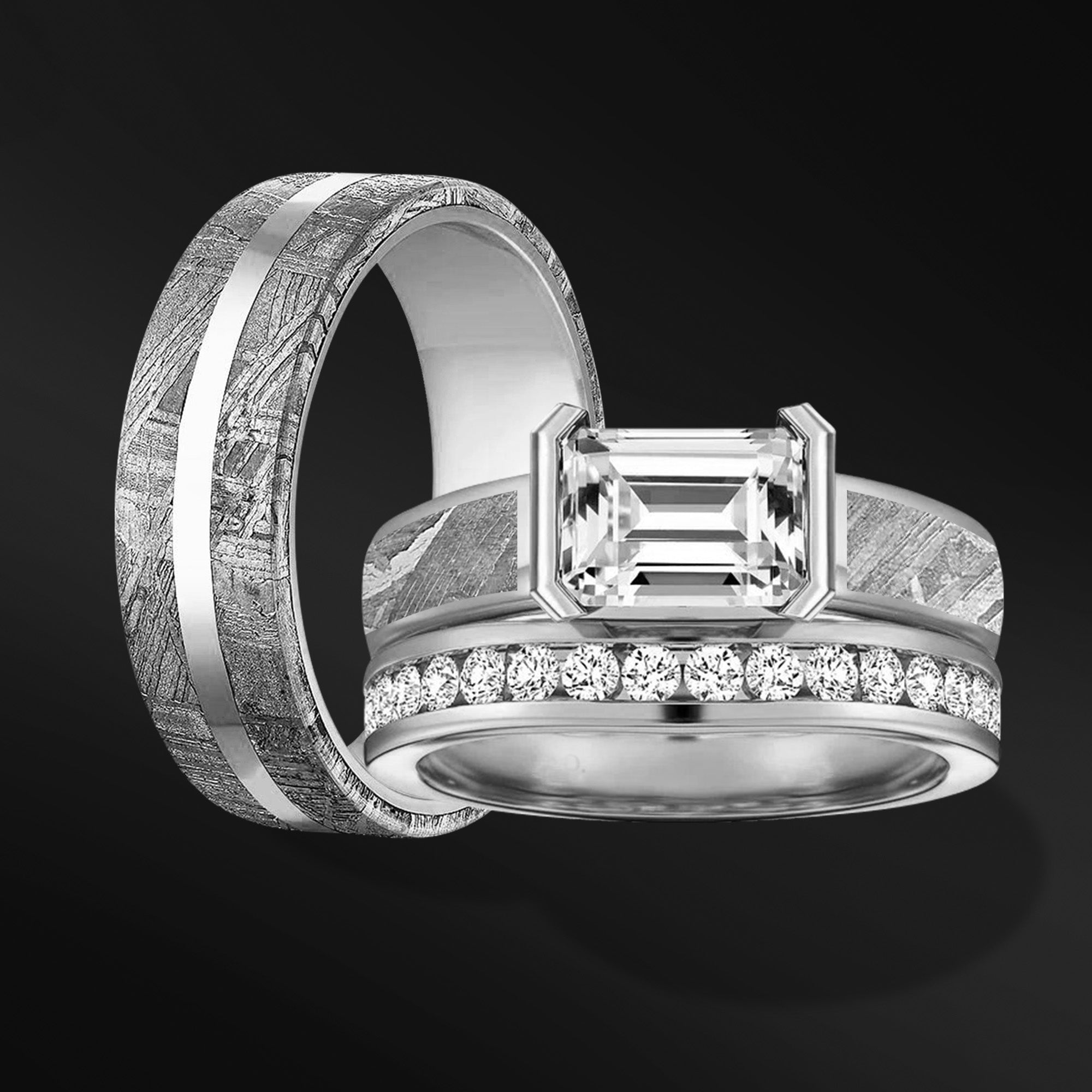 AURORA RING SET | 14K GOLD & METEORITE ENGAGEMENT RING FOR HER | EMERALD CUT DIAMOND | TUNGSTEN WEDDING BAND FOR HIM