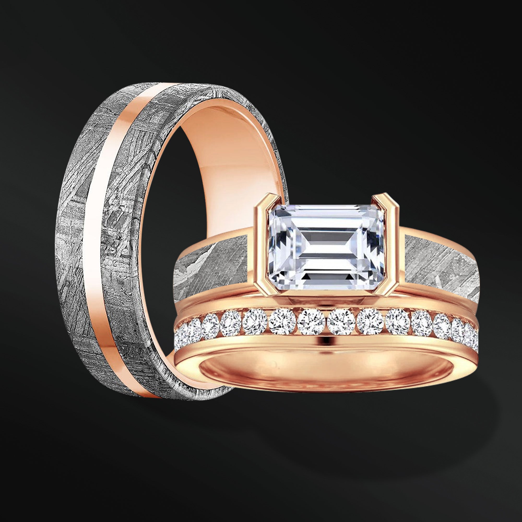 AURORA RING SET | 14K GOLD & METEORITE ENGAGEMENT RING FOR HER | EMERALD CUT MOISSANITE | TUNGSTEN WEDDING BAND FOR HIM