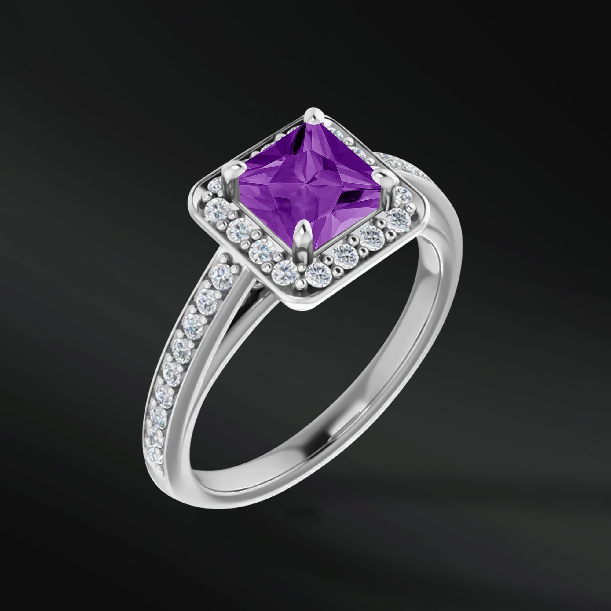 Celestial Radiance - 14K Gold Engagement Ring | 5x5 mm Princess cut Natural Amethyst | 1/3 CTW Natural Diamonds | GHI Color, SI2-SI3 Clarity