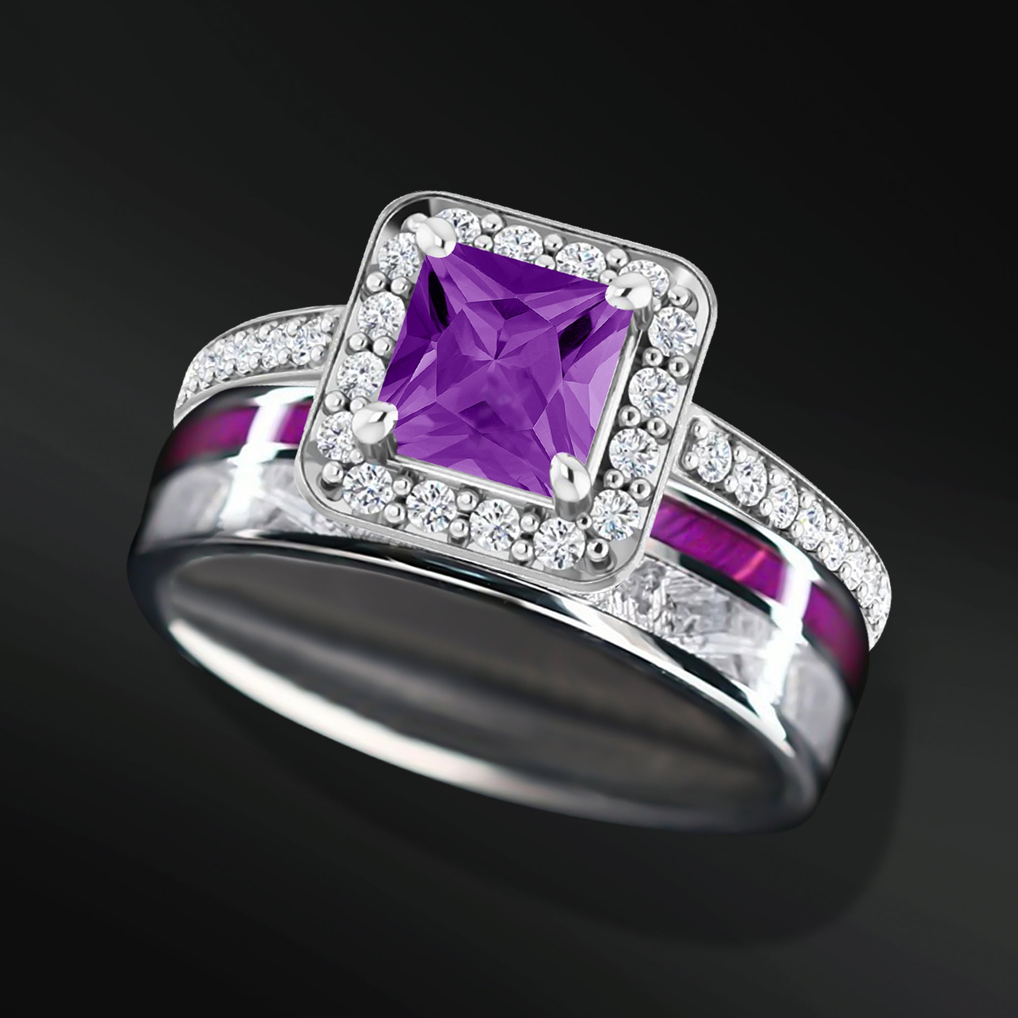 Celestial Radiance Set – 3PCS His & Her Wedding Ring Set | Natural Amethyst Engagement Ring With Natural Diamonds | Muonionalusta Meteorite and Purple Wood Wedding Bands