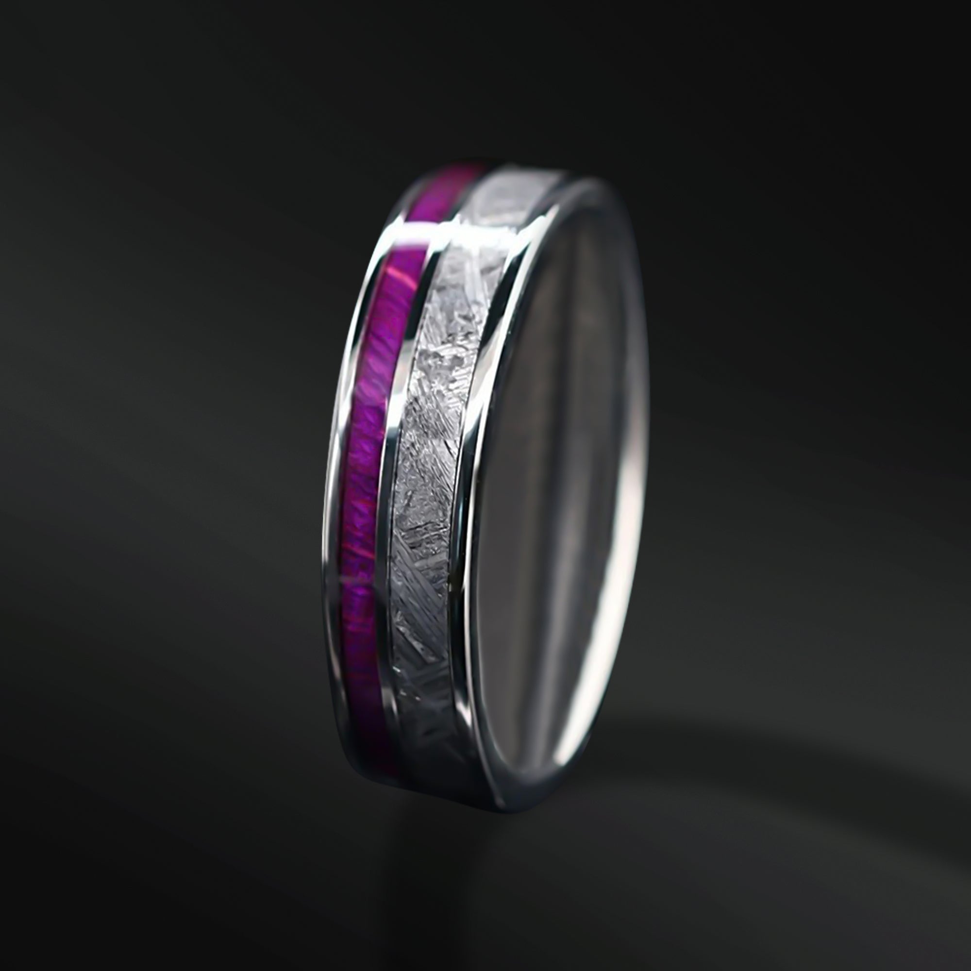 Celestial Radiance – Men's Wedding Band | Muonionalusta Meteorite and Purple Wood Wedding Ring | Stainless Steel