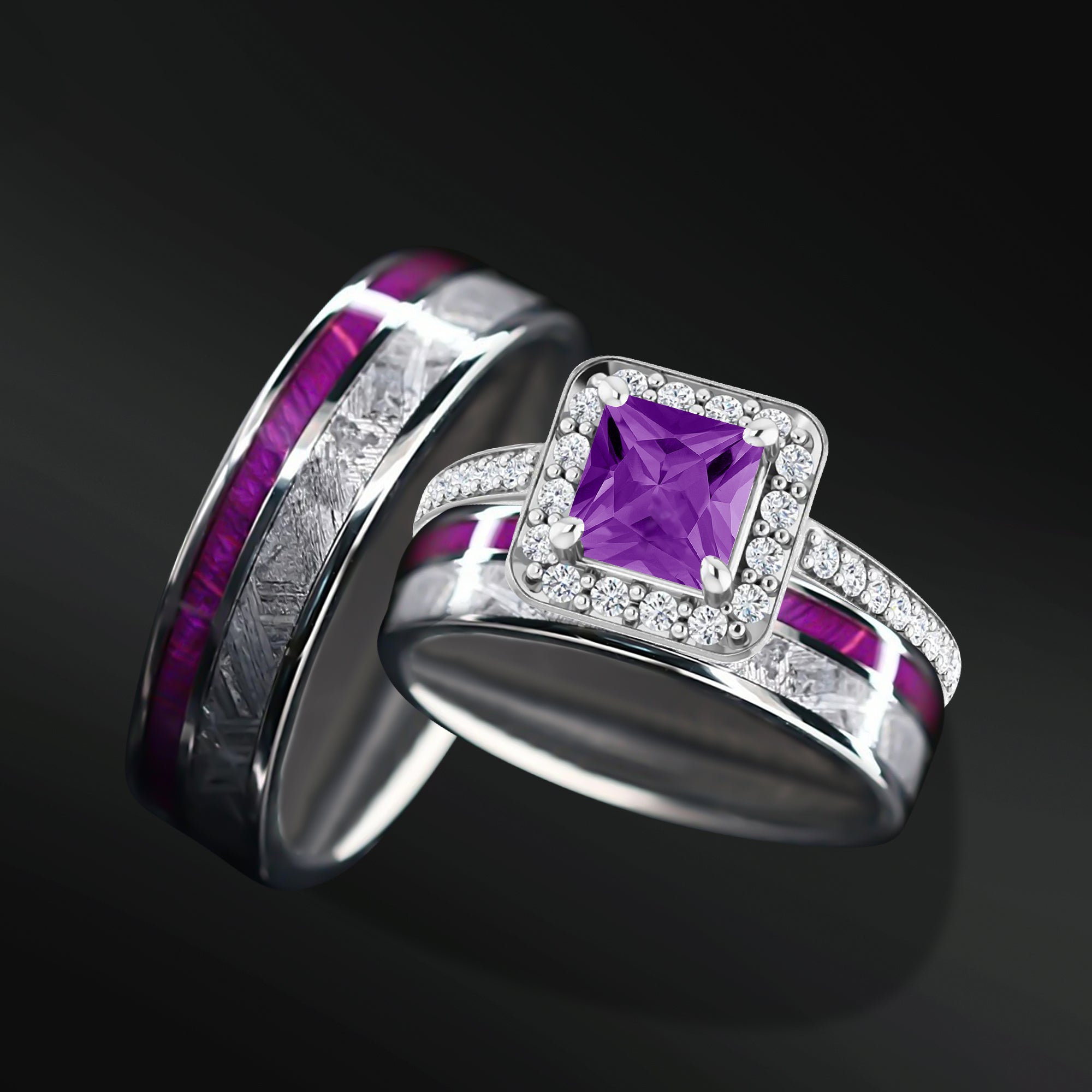 Celestial Radiance Set – 3PCS His & Her Wedding Ring Set | Natural Amethyst Engagement Ring With Natural Diamonds | Muonionalusta Meteorite and Purple Wood Wedding Bands