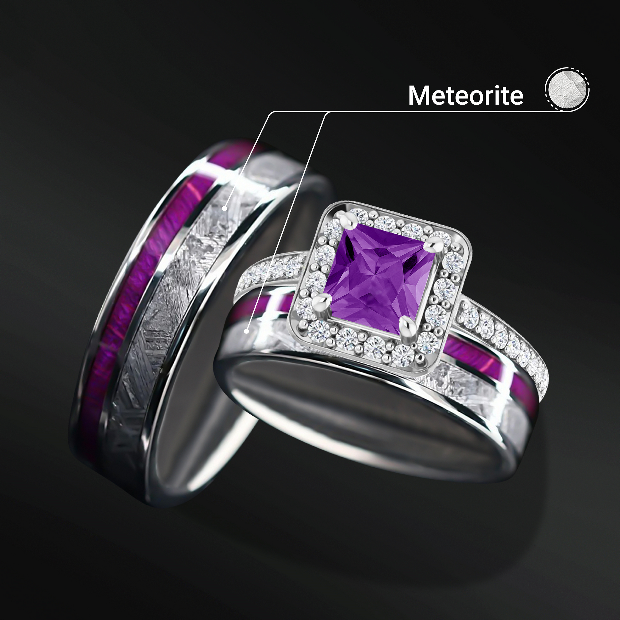 Celestial Radiance Set – 3PCS His & Her Wedding Ring Set | Natural Amethyst Engagement Ring With Natural Diamonds | Muonionalusta Meteorite and Purple Wood Wedding Bands