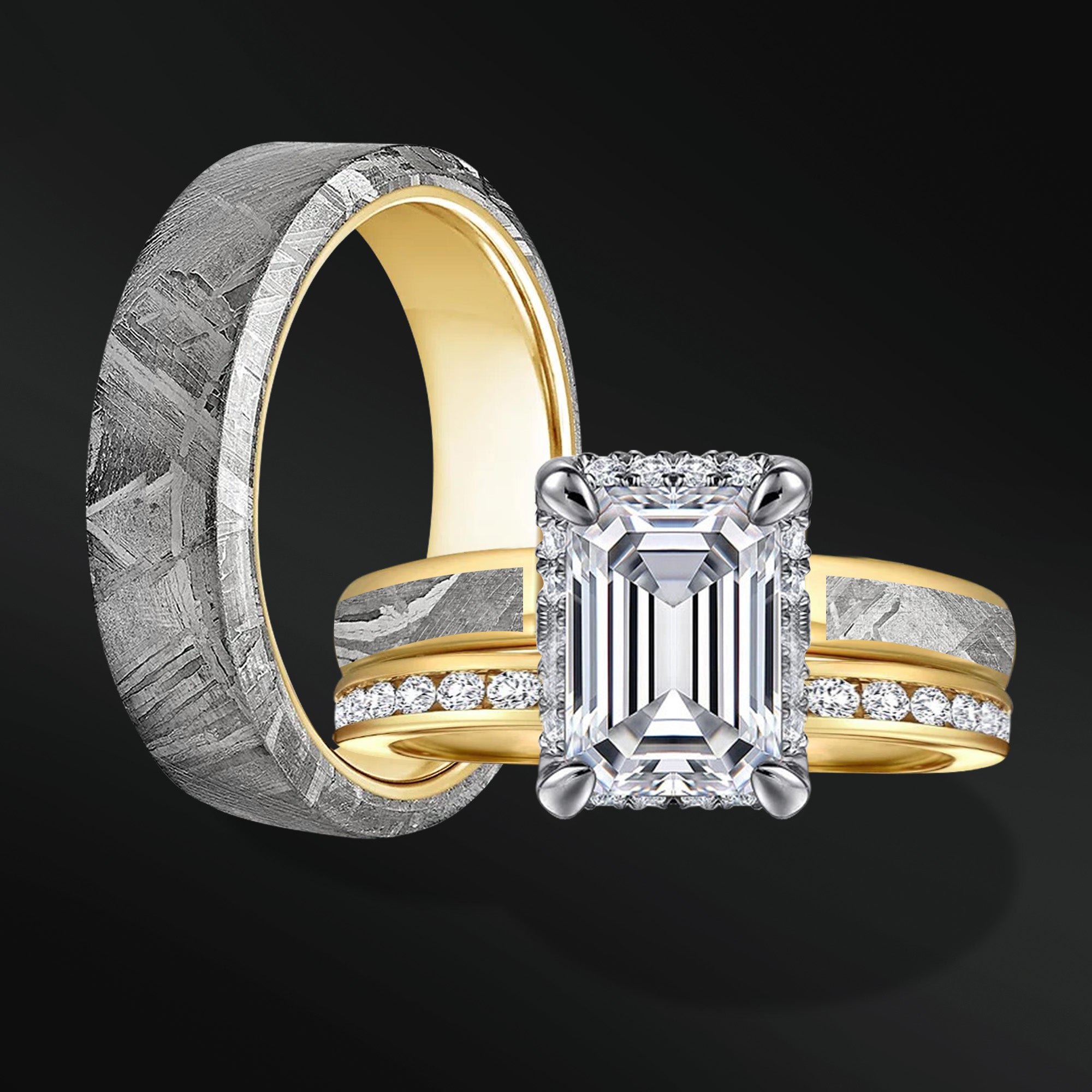 ASTRAL RING SET | 14K GOLD & METEORITE ENGAGEMENT RING FOR HER | EMERALD CUT MOISSANITE | TUNGSTEN WEDDING BAND FOR HIM