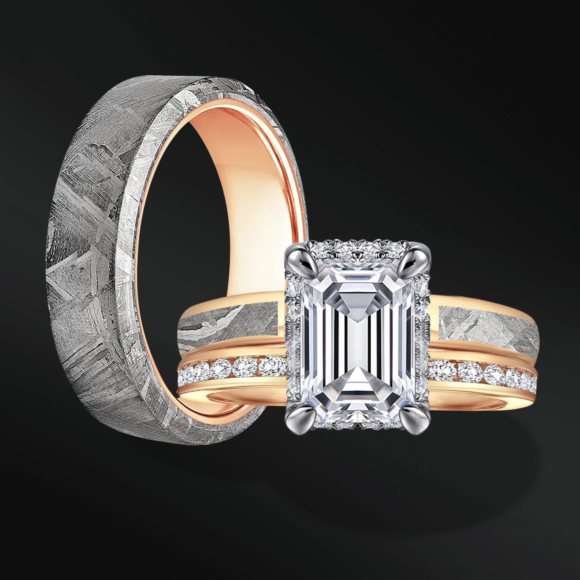 ASTRAL RING SET | 14K GOLD & METEORITE ENGAGEMENT RING FOR HER | EMERALD CUT DIAMOND | TUNGSTEN WEDDING BAND FOR HIM