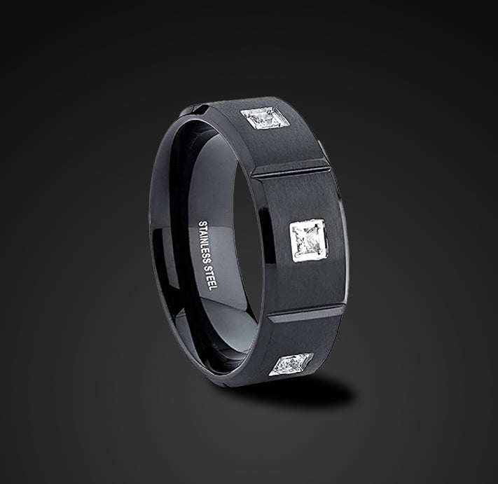 Black Stainless Steel Ring for Men | cubic zirconia Wedding Band for Men | 8mm