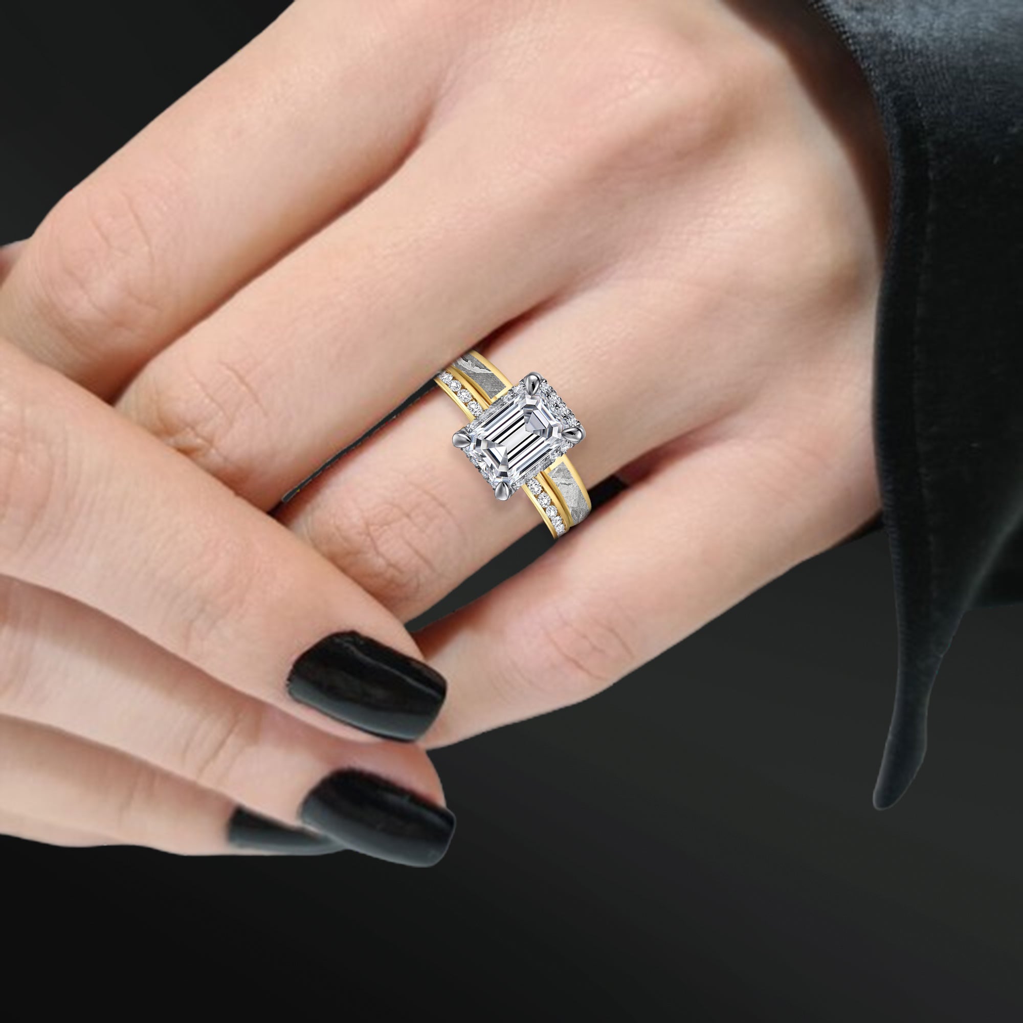 ASTRAL RING SET | 14K GOLD & METEORITE ENGAGEMENT RING FOR HER | EMERALD CUT MOISSANITE | TUNGSTEN WEDDING BAND FOR HIM