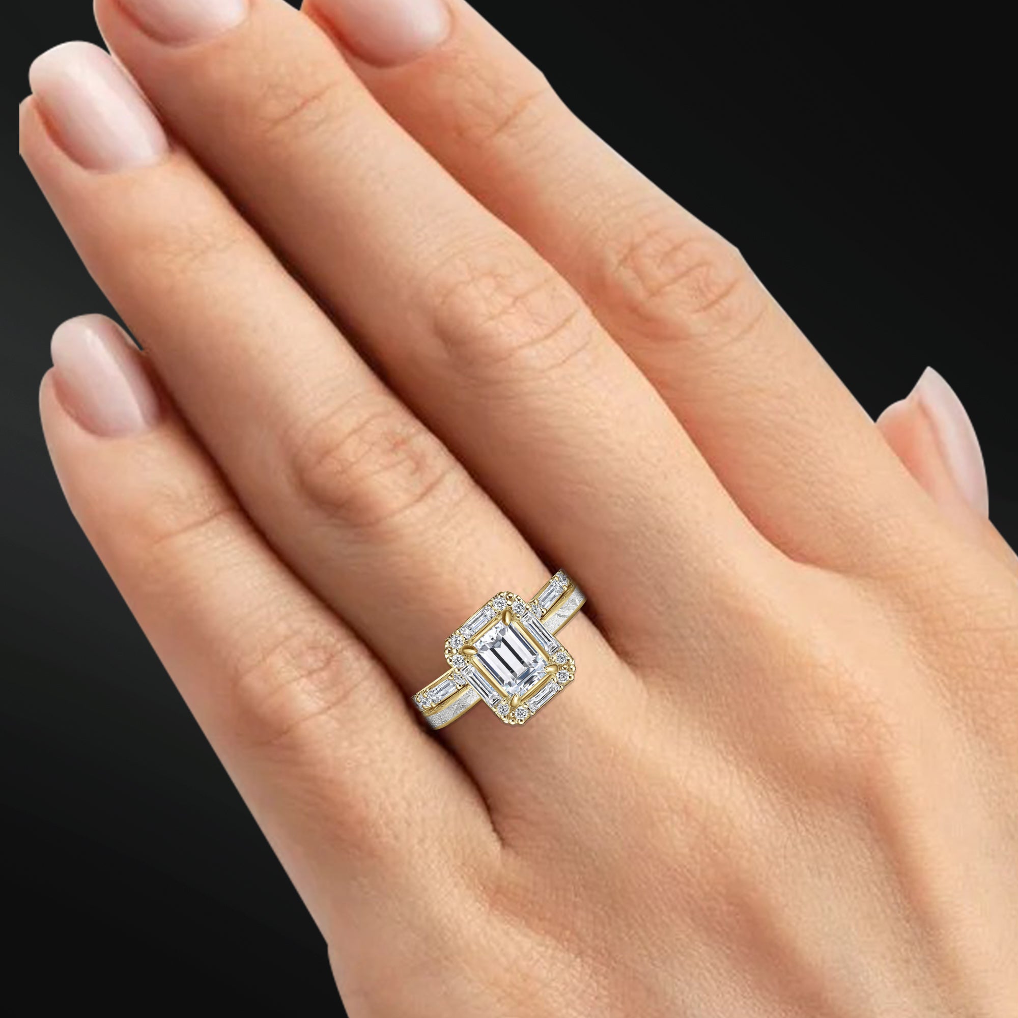 Starry Light - Women's Ring Set | 1 CT Emerald Cut Certified Moissanite Engagement Ring | D - Color, VVS1 Clarity | Muonionalusta Meteorite