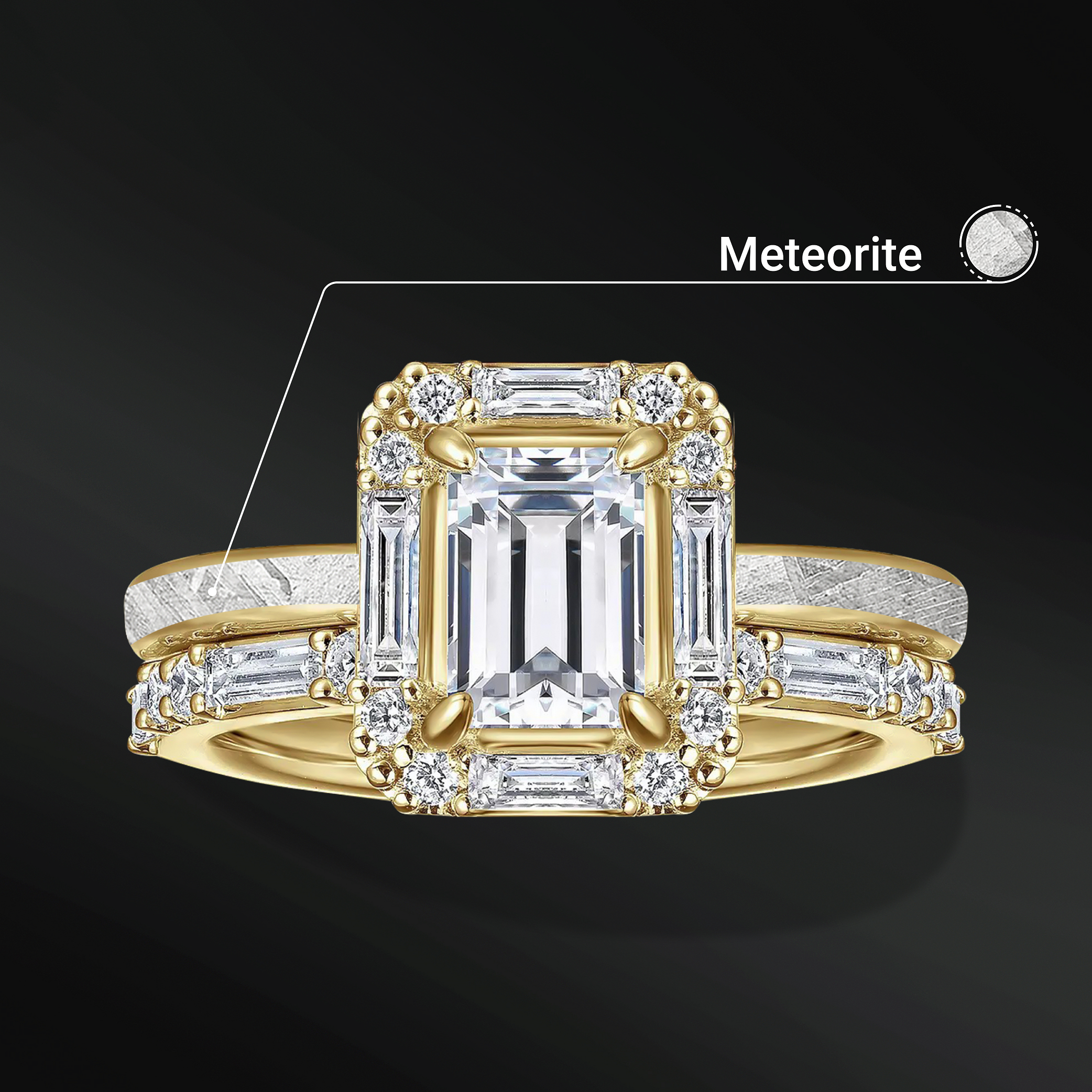 Starry Light - Women's Ring Set | 1 CT Emerald Cut Certified Moissanite Engagement Ring | D - Color, VVS1 Clarity | Muonionalusta Meteorite