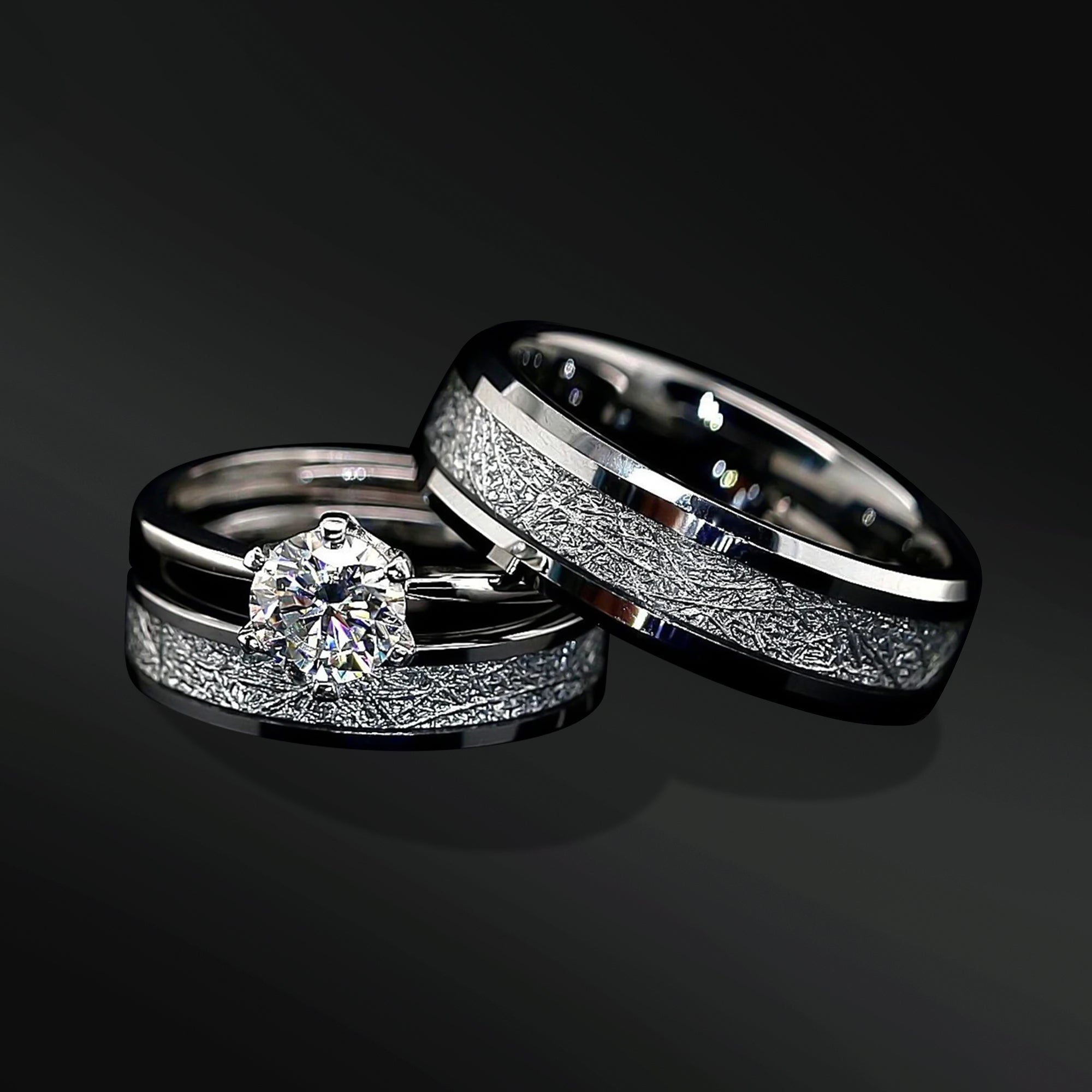 Celestial Eternity Set | 3PCs Couple Ring Set | Stainless Steel Engagement Ring with Moissanite for Her | Meteorite Wedding Bands for Him and Her