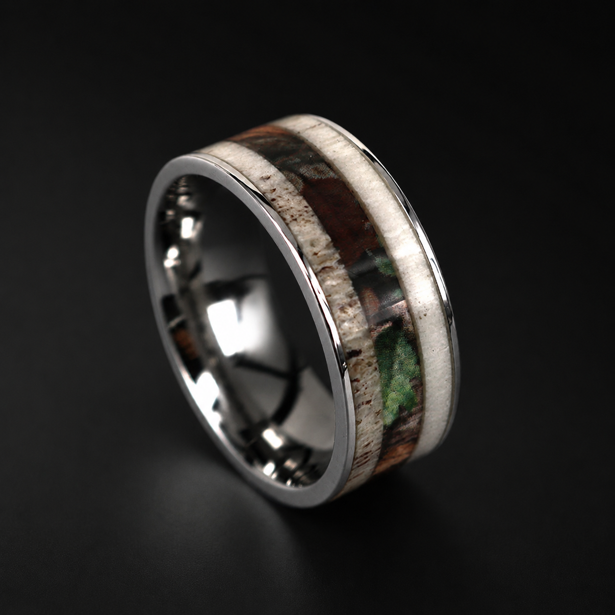 Natural Deer Antler Ring Camo Ring |Stainless Steel | Hypoallergenic Hunter Ring