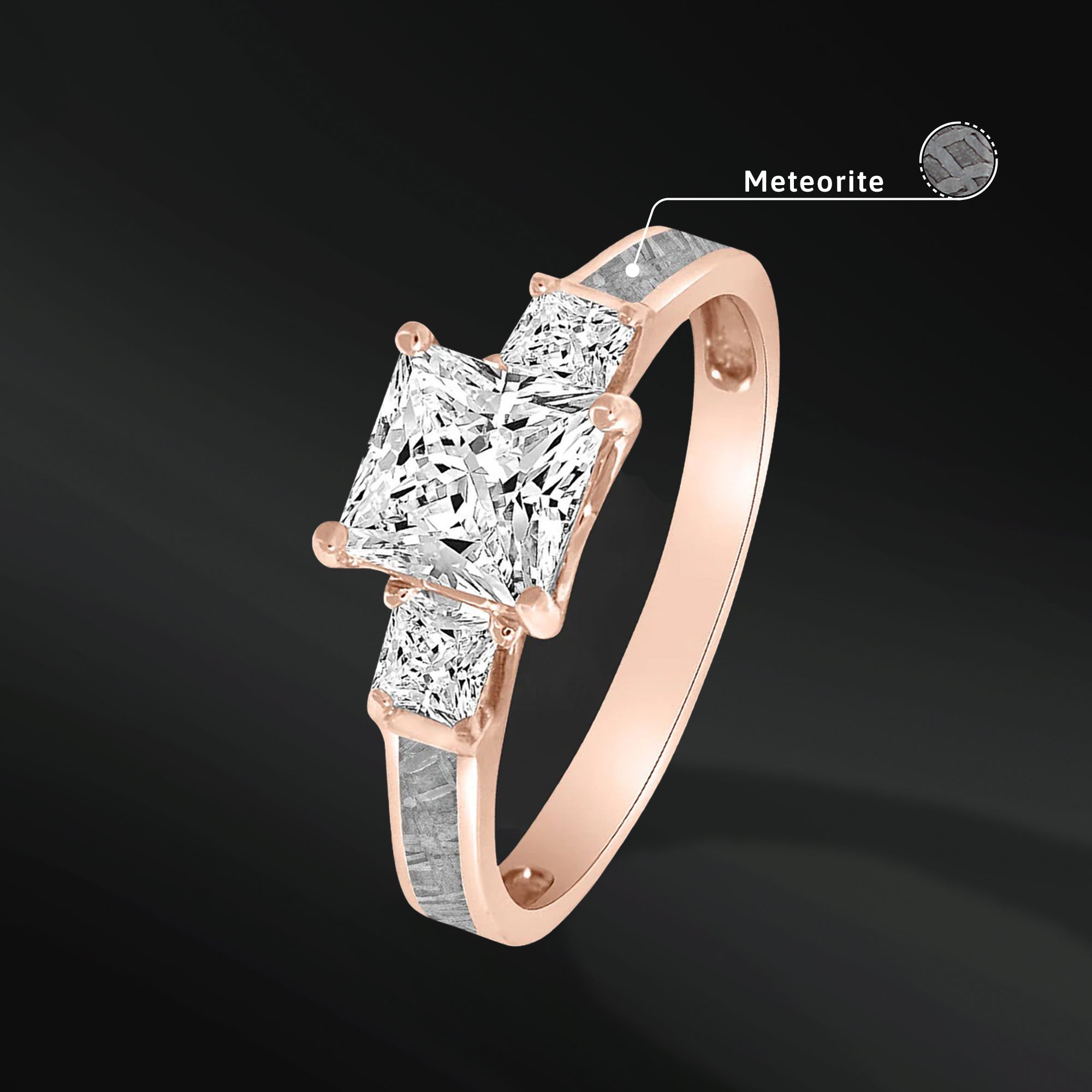 Cosmic Trio - 14K Gold or Sterling Silver Engagement Ring for Women | Certified 1.24 CT Princess Cut Moissanite & Muonionalusta Meteorite Ring for Her | Gift from the Skies for your Beloved