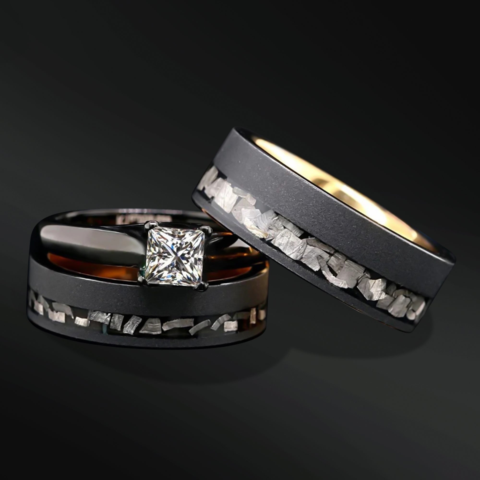 DarkStar - Meteorite Engagement Wedding Rings 3pc | Tungsten & Meteorite His and Hers Wedding Rings Sets