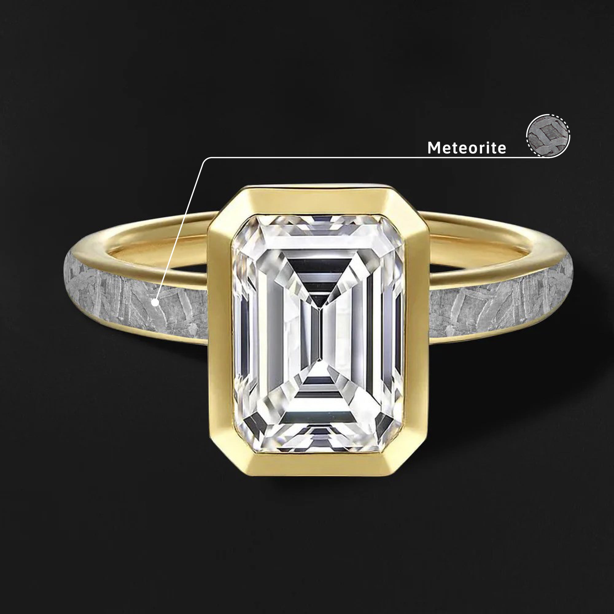 ELYSIA - 14K Gold or Sterling silver Engagement Ring for Women | Muonionalusta Meteorite | 7x5mm Emerald Cut Certified Moissanite Engagement Ring