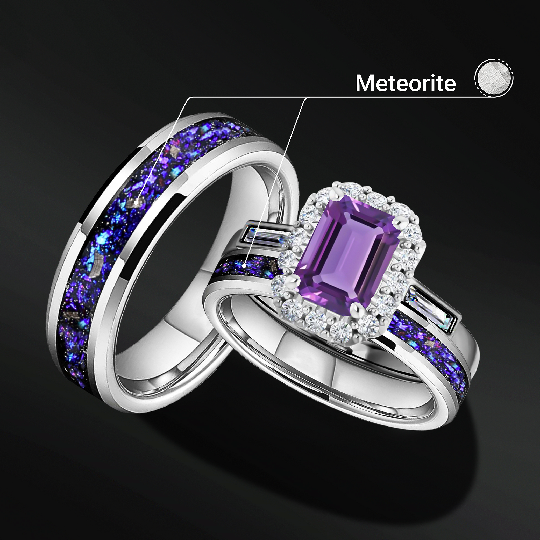 Twin Flames Set - 3PCS His & Her Wedding Ring Set | Natural Amethyst Engagement Ring With Natural Diamonds | Muonionalusta Meteorite and Opal Wedding Bands