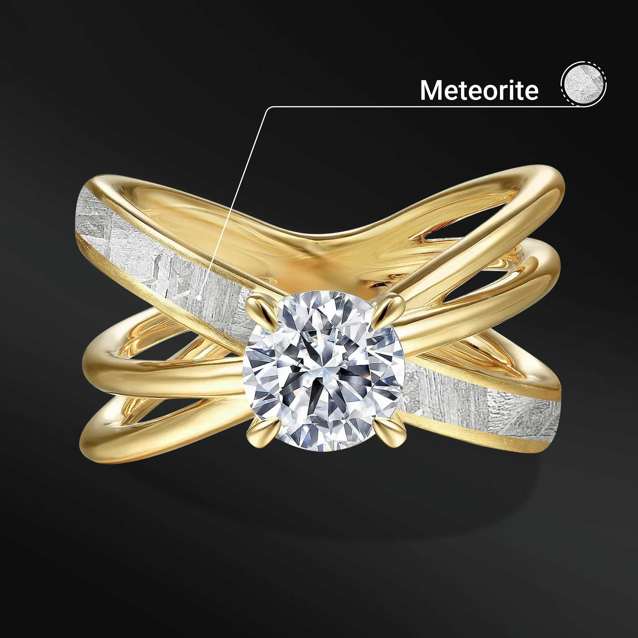 Star Orbit - 14K Gold or Sterling silver Ring for Women | Certified 1 CT Round Moissanite & Meteorite Engagement Ring | Unique Crisscross Design Bridal Ring