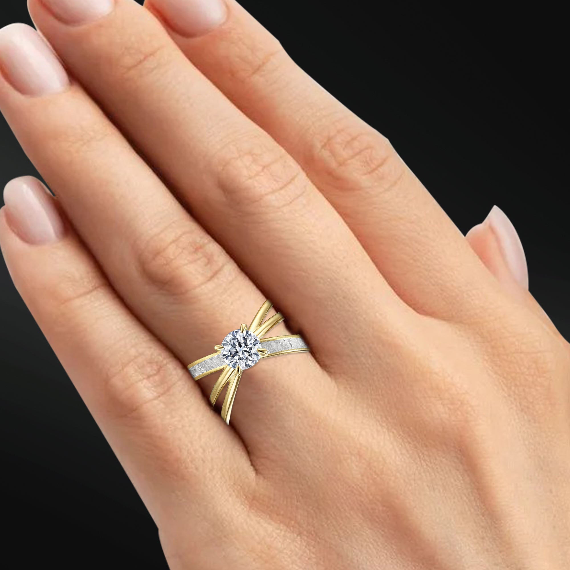 Star Orbit - 14K Gold or Sterling silver Ring for Women | Certified 1 CT Round Moissanite & Meteorite Engagement Ring | Unique Crisscross Design Bridal Ring