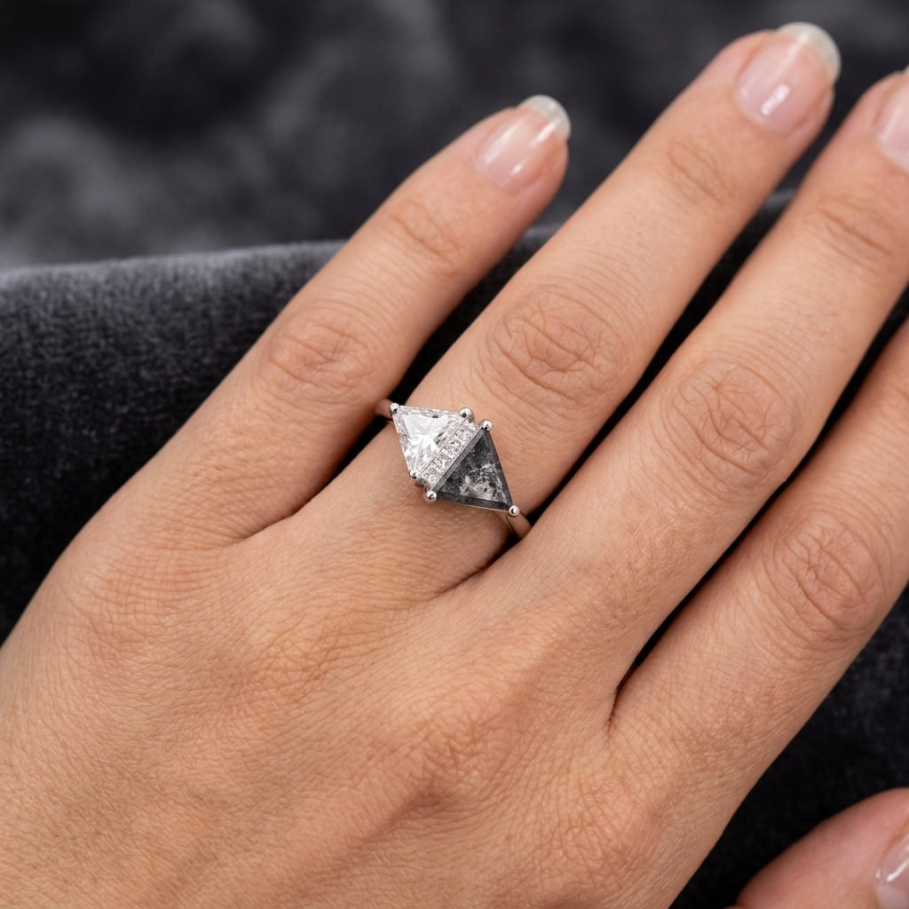 Celestial Duality – 10K Gold or Sterling Silver Engagement Ring for Her | Triangle Moissanite & Lunar Meteorite | D-Color VVS1 Engagement Ring