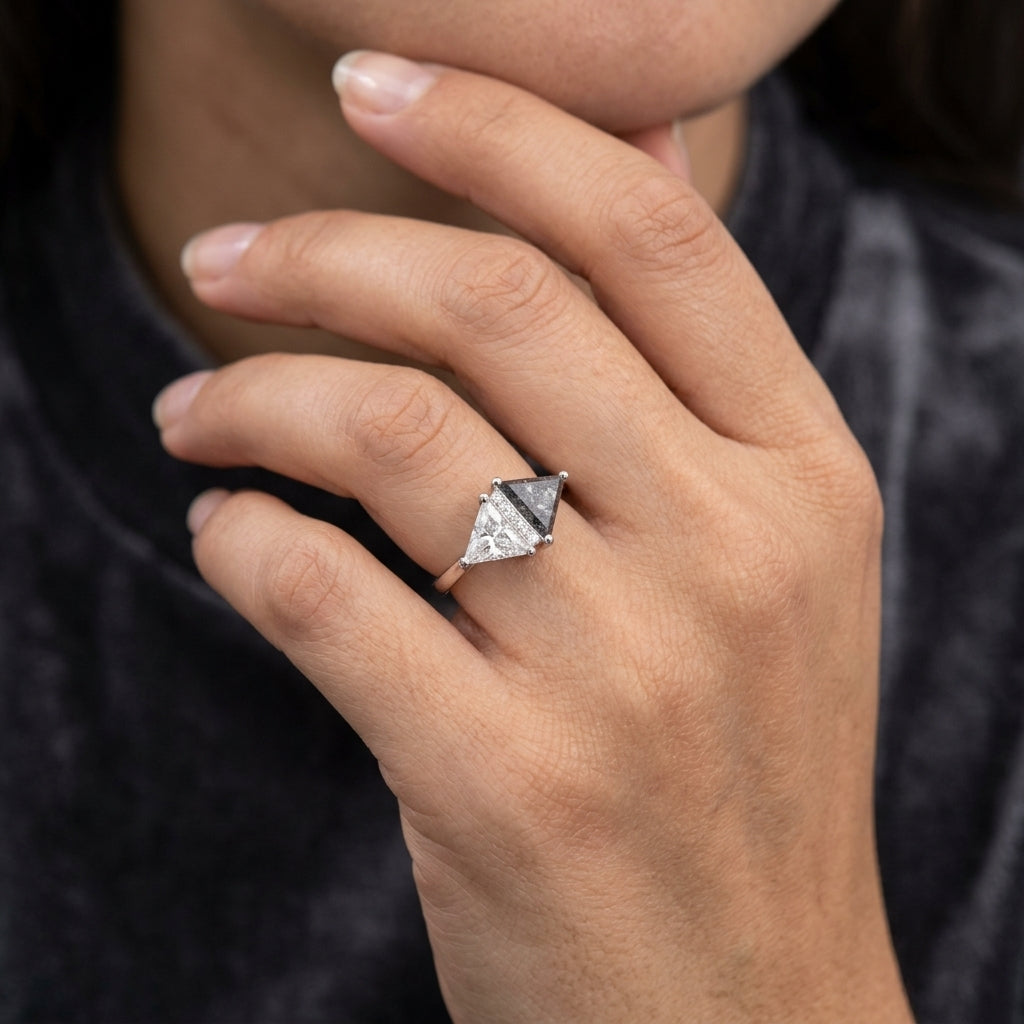 Celestial Duality – 10K Gold or Sterling Silver Engagement Ring for Her | Triangle Moissanite & Lunar Meteorite | D-Color VVS1 Engagement Ring