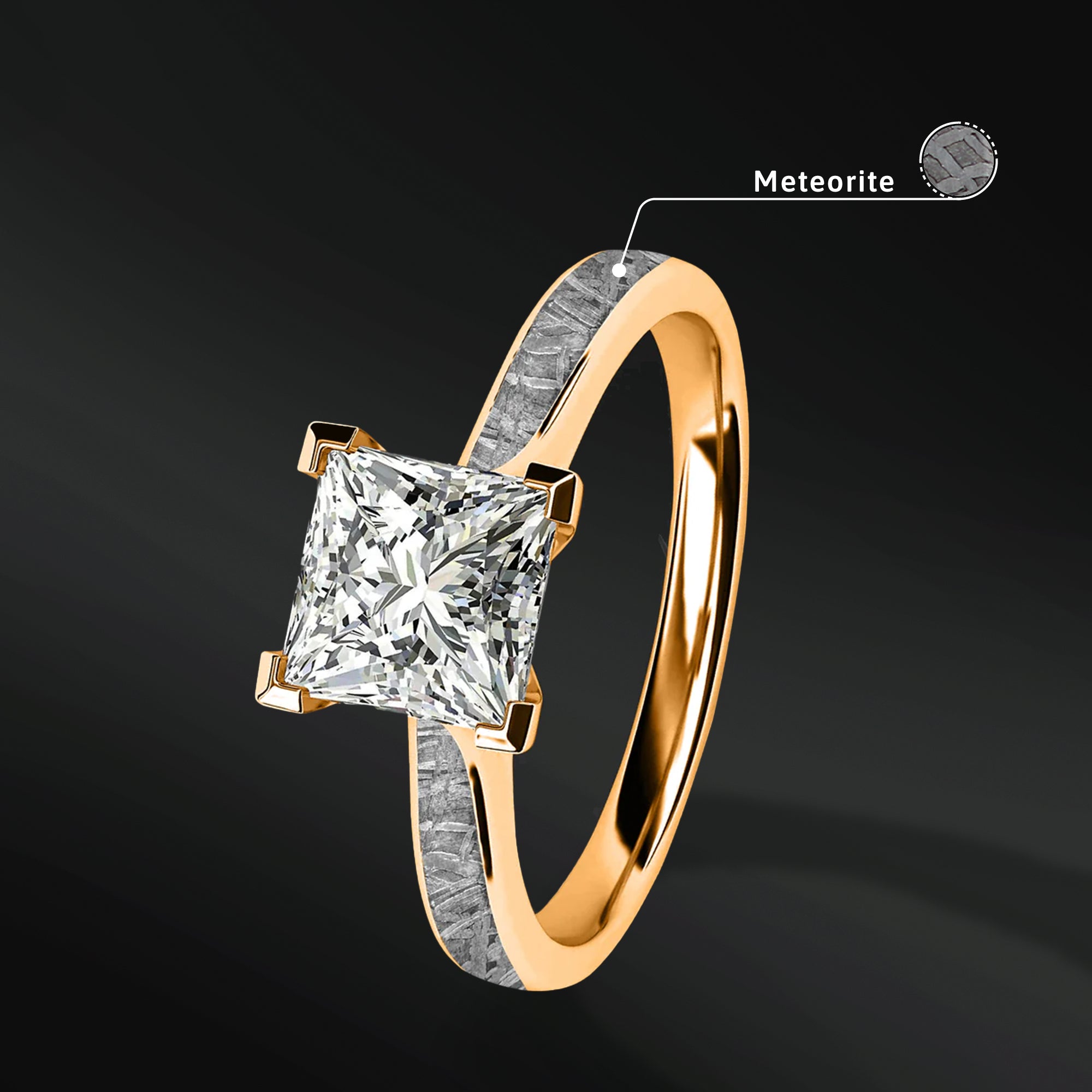 Golden Skyfall - 14K Gold or Sterling silver Engagement Ring for Women | 1.24 CT princess cut Certified Moissanite | Muonionalusta Meteorite Ring