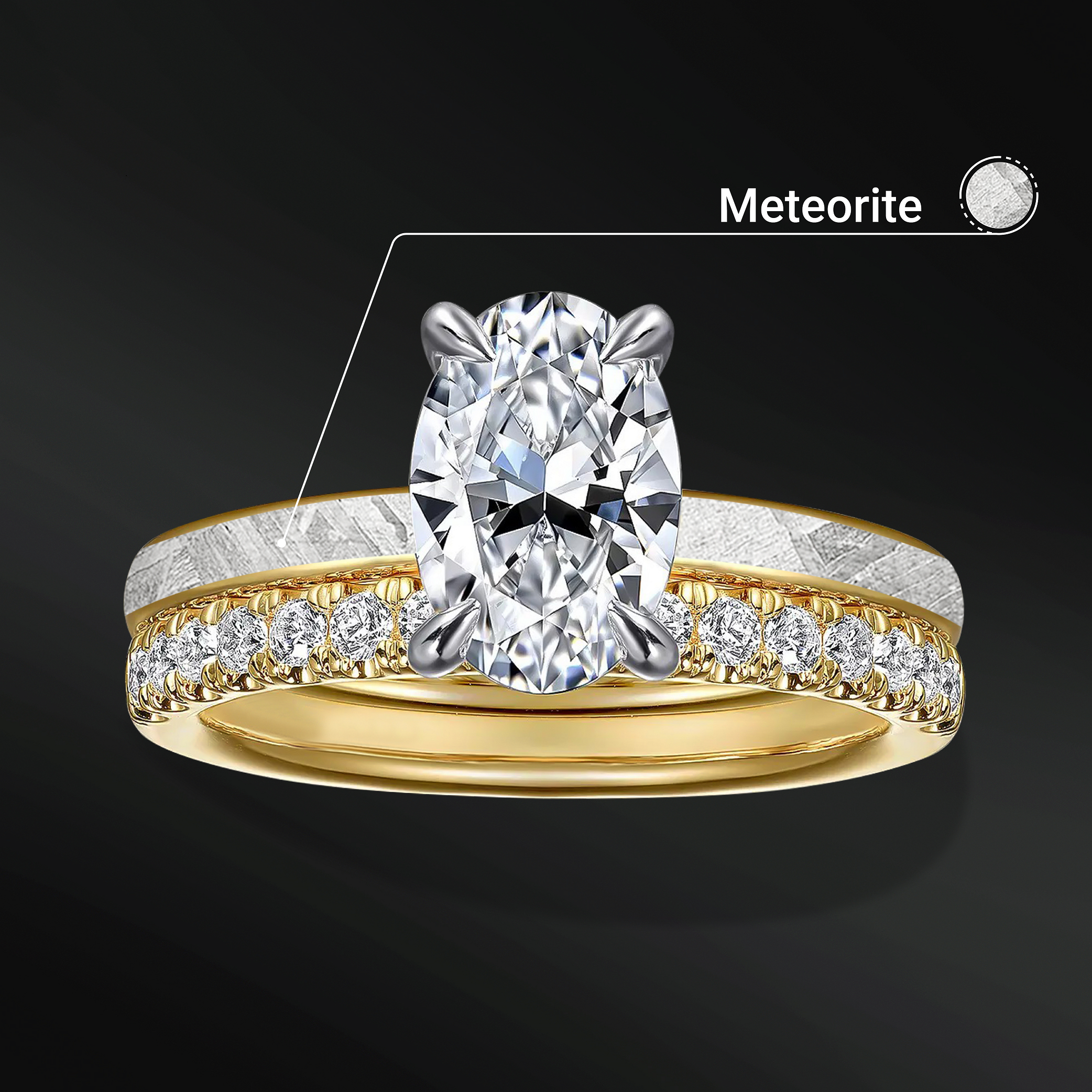 Meteorite Heartbeat - Ring Set for Women | Muonionalusta Meteorite Engagement Ring | 2 ct Certified Moissanite