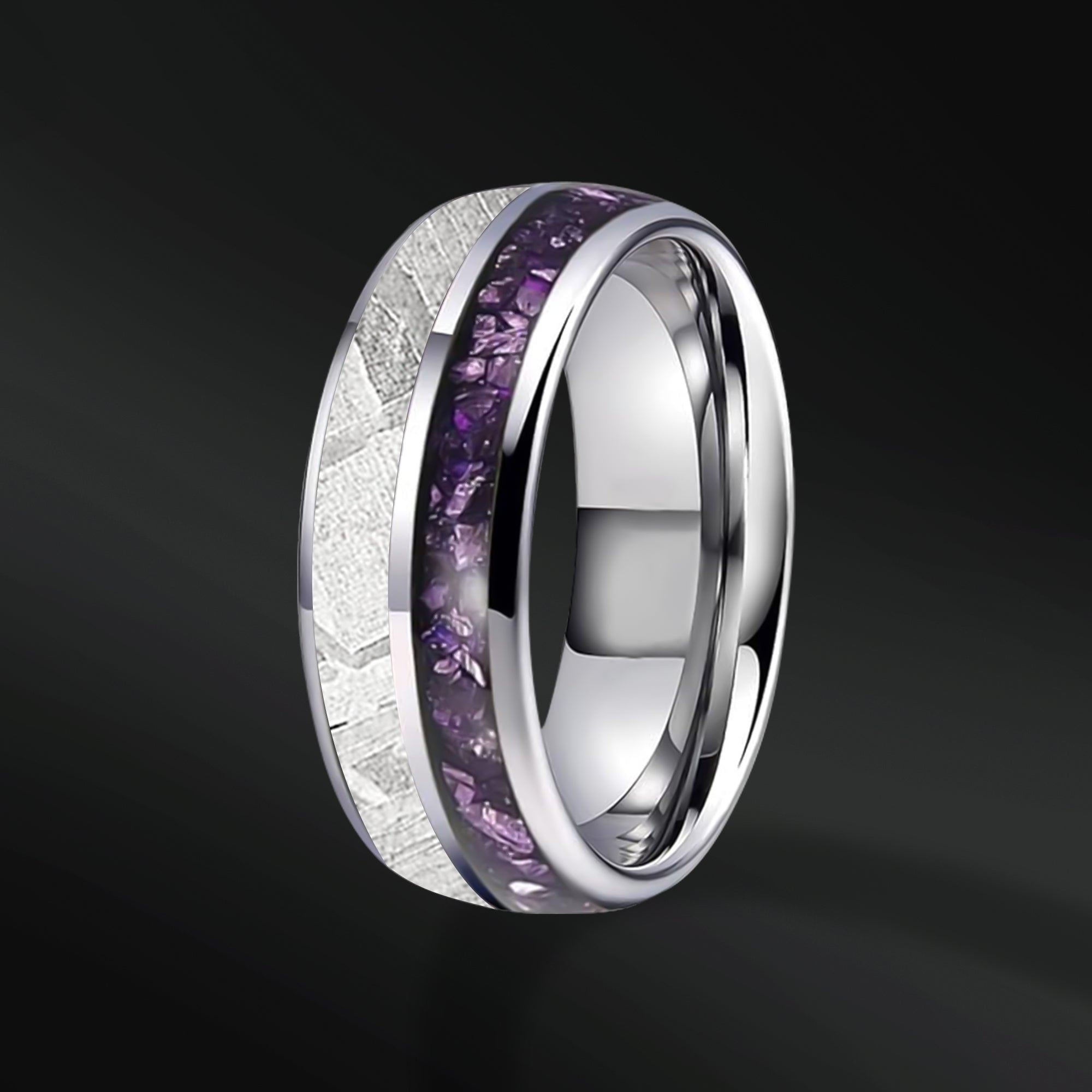 Violet Bliss - Men's Wedding Band | Muonionalusta Meteorite and Amethyst Wedding Ring | Stainless Steel