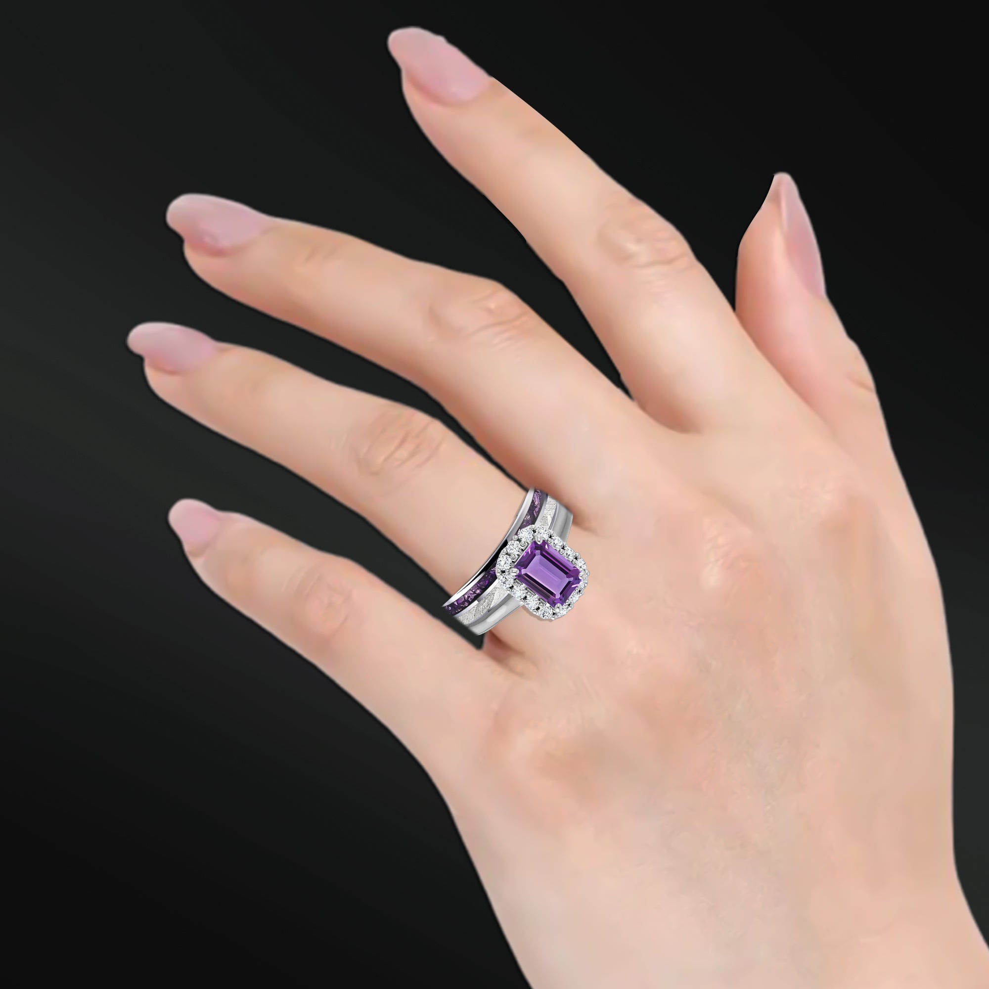 Violet Bliss Set - 3PCS His & Her Wedding Engagement Ring Set | Amethyst Engagement Ring With Natural Diamonds | Muonionalusta Meteorite and Amethyst Wedding Band