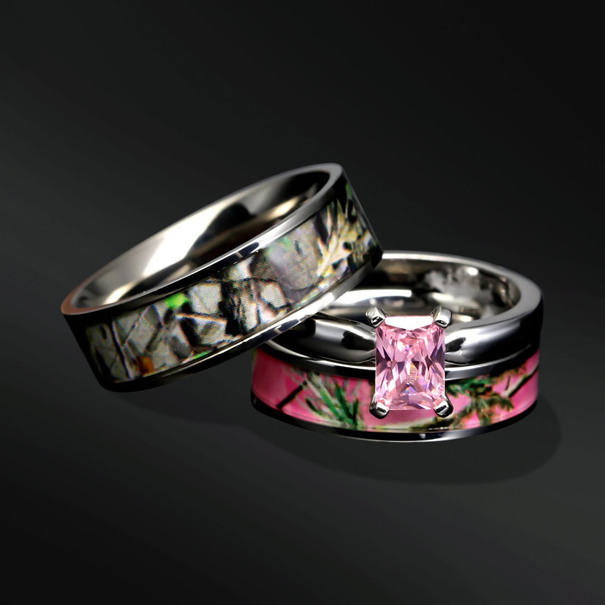 His & Hers 3 piece Camo Wedding Ring Set Sterling Silver Titanium Stainless Steel