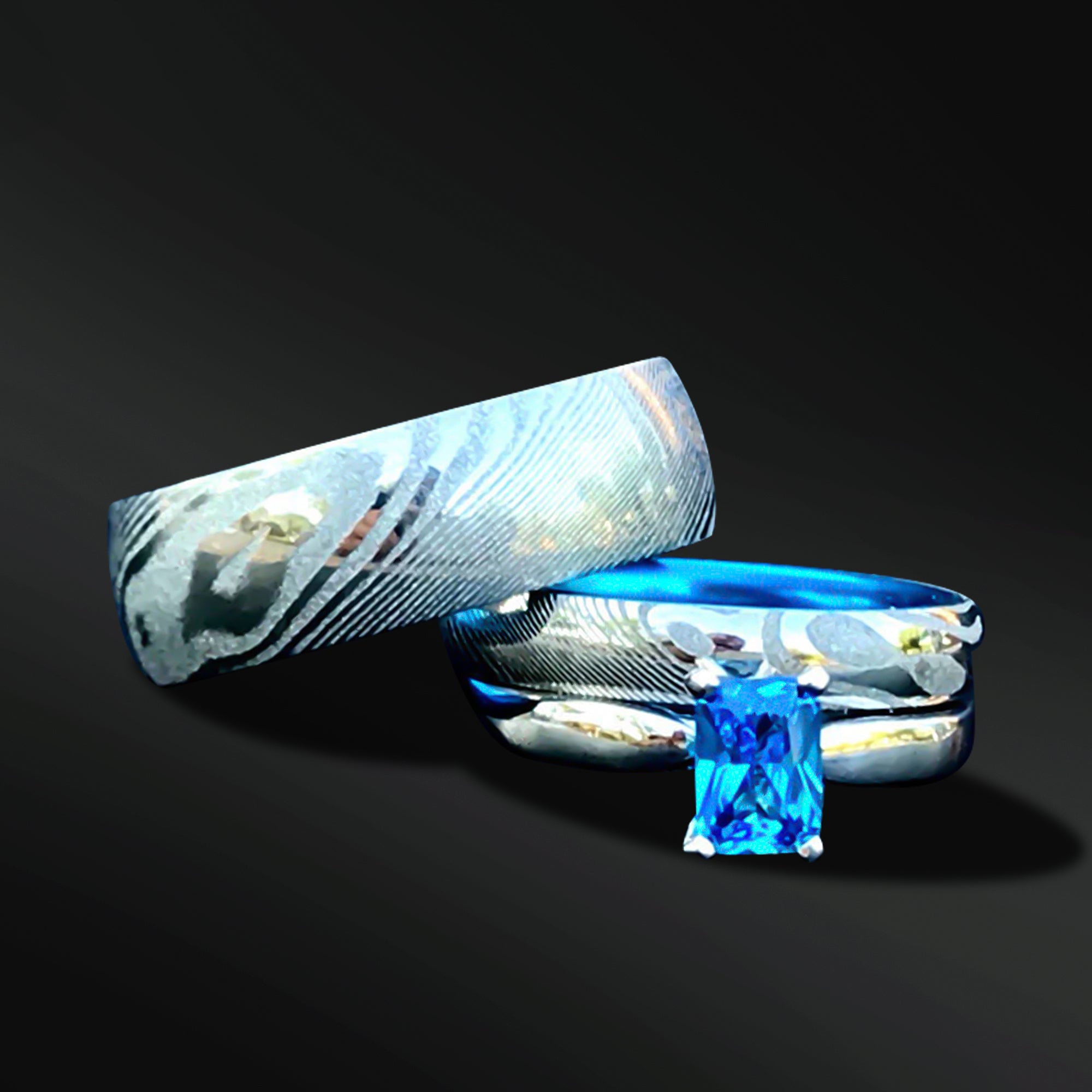 His and Her Blue Damascus Ring Set Damascus Steel Wedding Rings Set
