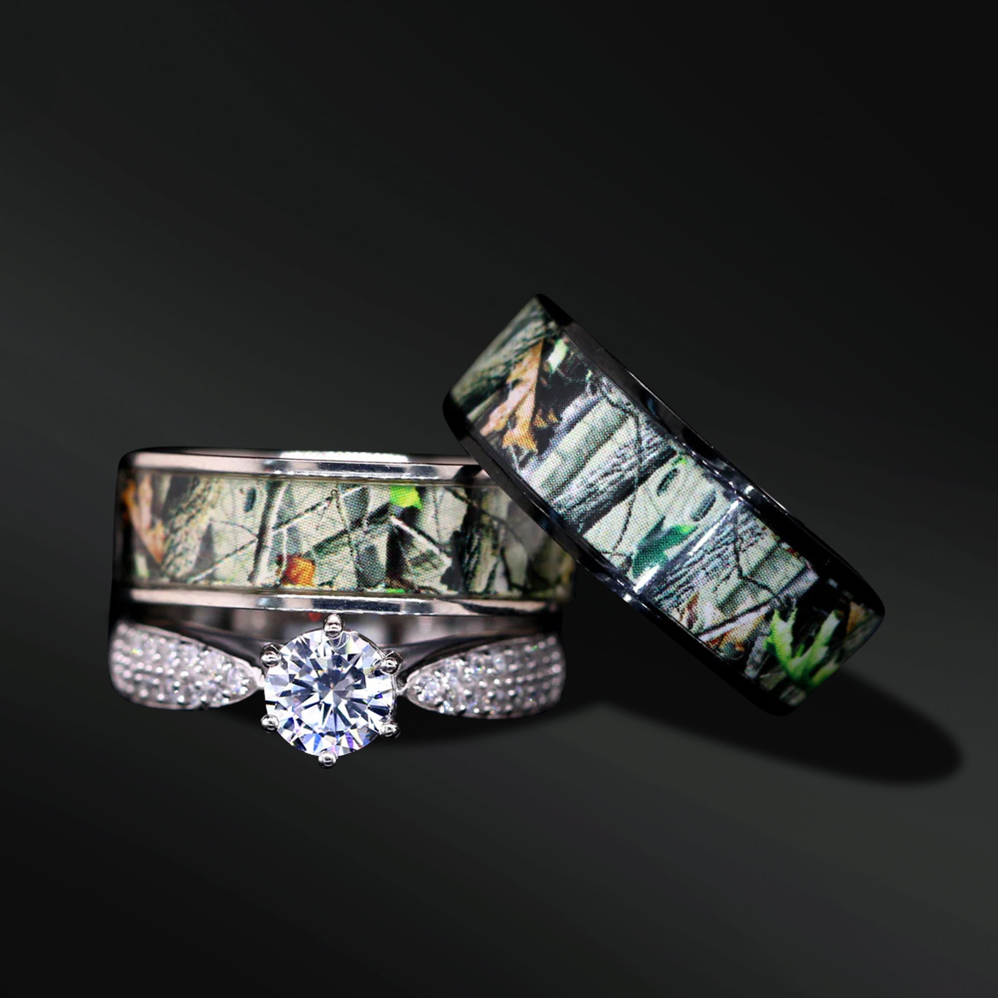 His and Her Camo Wedding Ring Set Titanium and Sterling Silver Engagement Rings